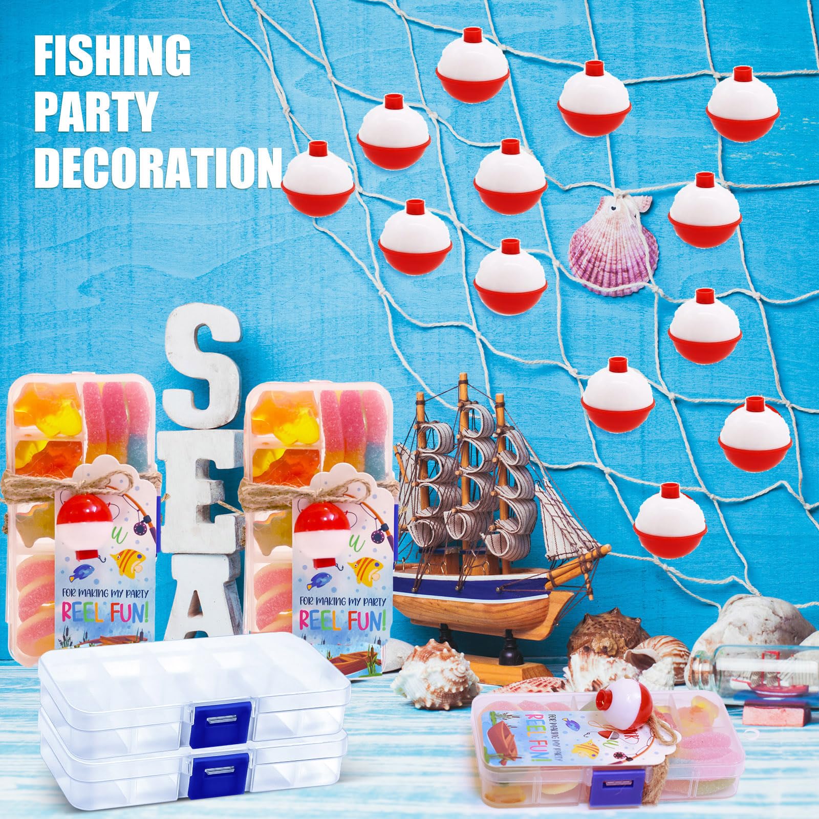 24 Set Fishing Candy Little Tackle Boxes for Birthday Party Favors with 24 Fishing Bobber 24 Thank You Cards for Making My Party Reel Fun Gone Fishing Theme Supplies Fishing