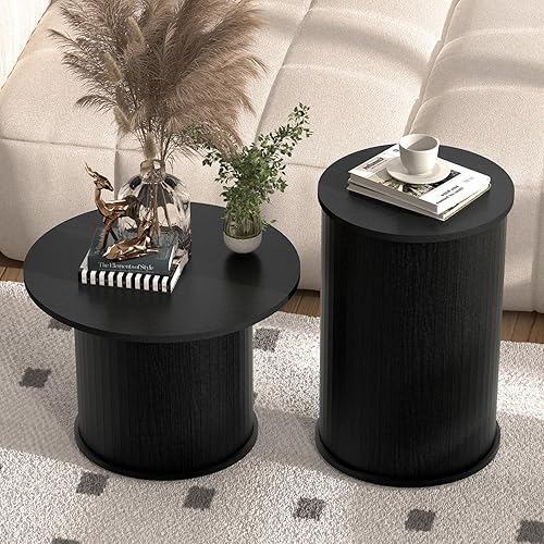 Miniatura 3 de Juego de 2 mesas auxiliares redondas anidables para sala de estar, círculo acanalado de madera negra y juegos de mesa auxiliar para apartamentos,