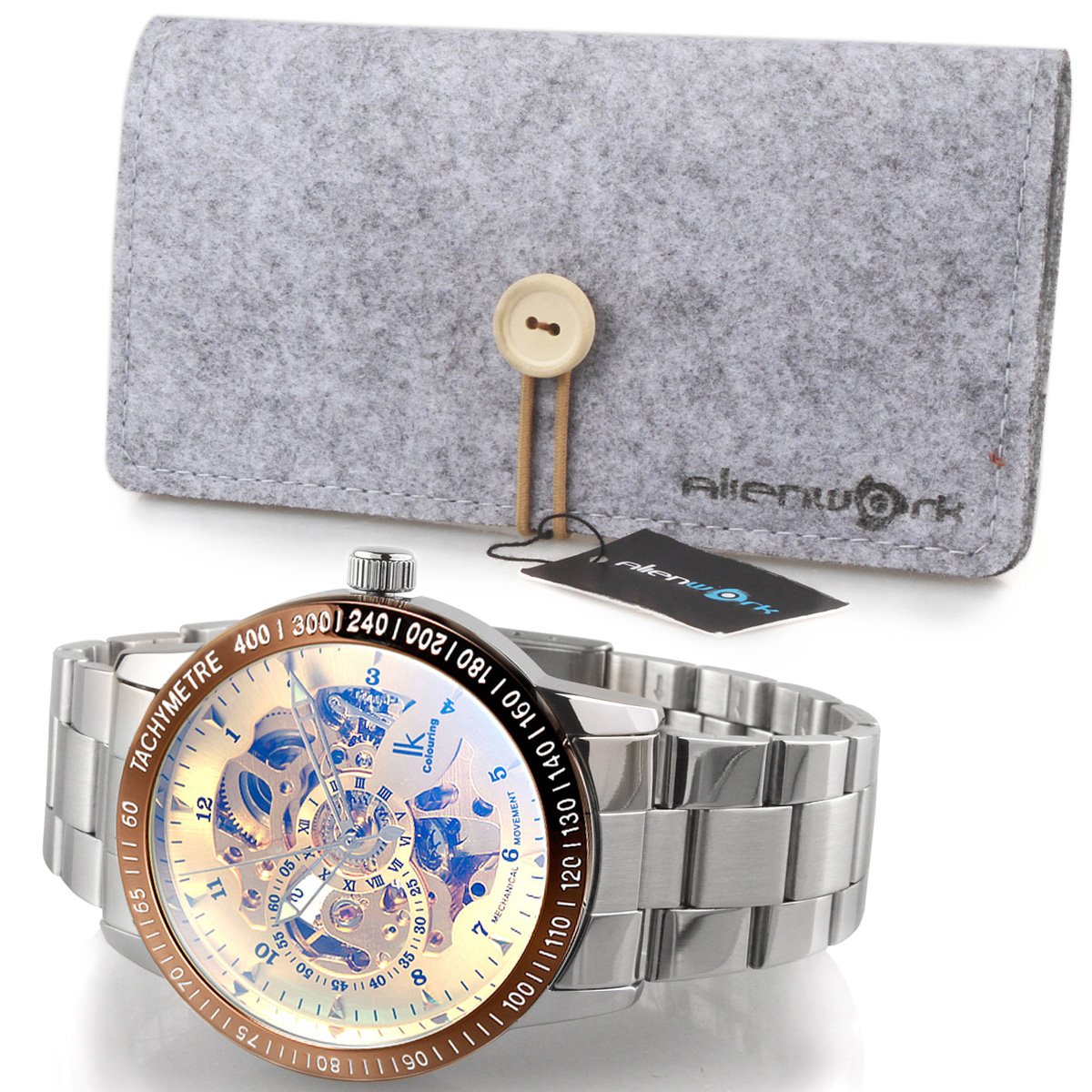 Alienwork IK Reloj Automático Hombre Mujer Plateado Pulsera de Metal Acero Oro Esqueleto Fondo de Vidrio