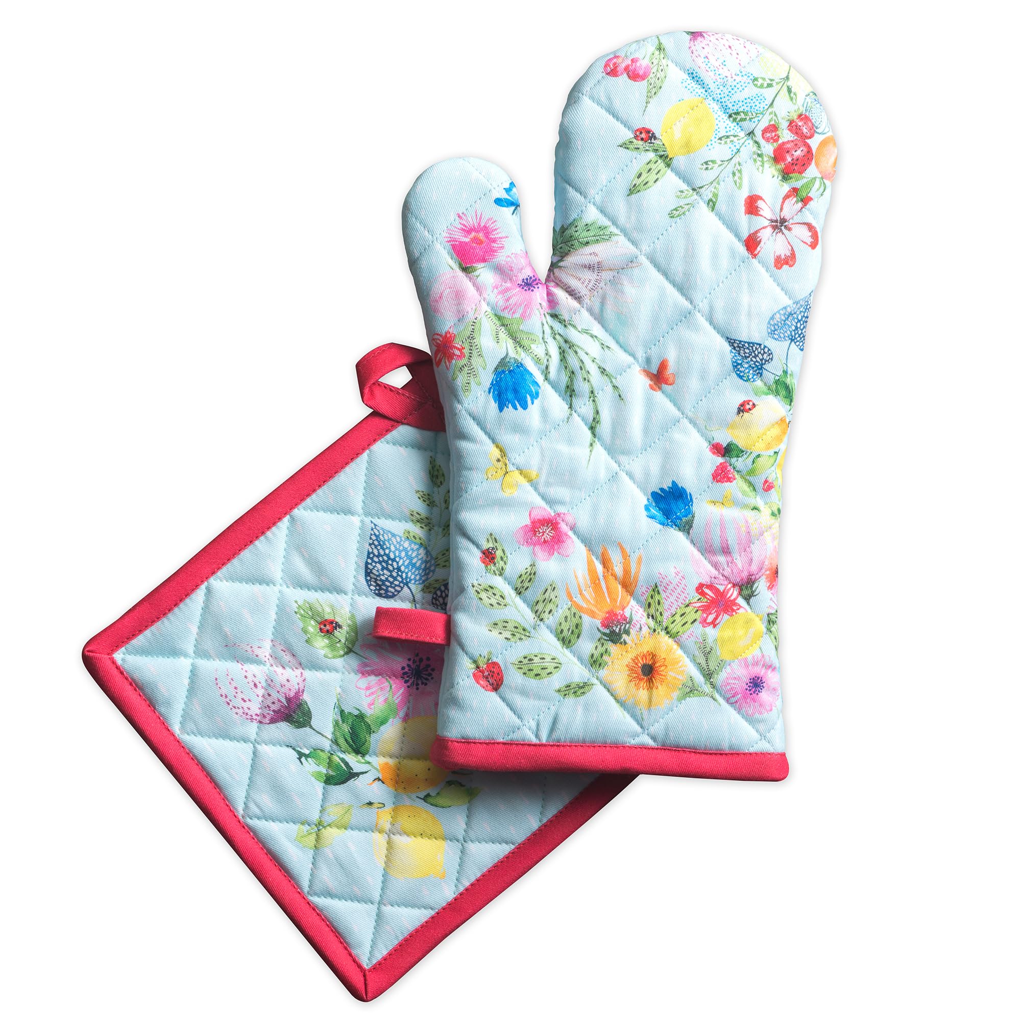 Maison d' Hermine Jardin D'Ete Mint Set of Oven Gloves (19 cm x 33 cm) and Pot Holders (20 cm x 20 cm) 100% Cotton for Barbecue, Baking, Oven, Microwave, Grilling, Spring/Summer, Easter