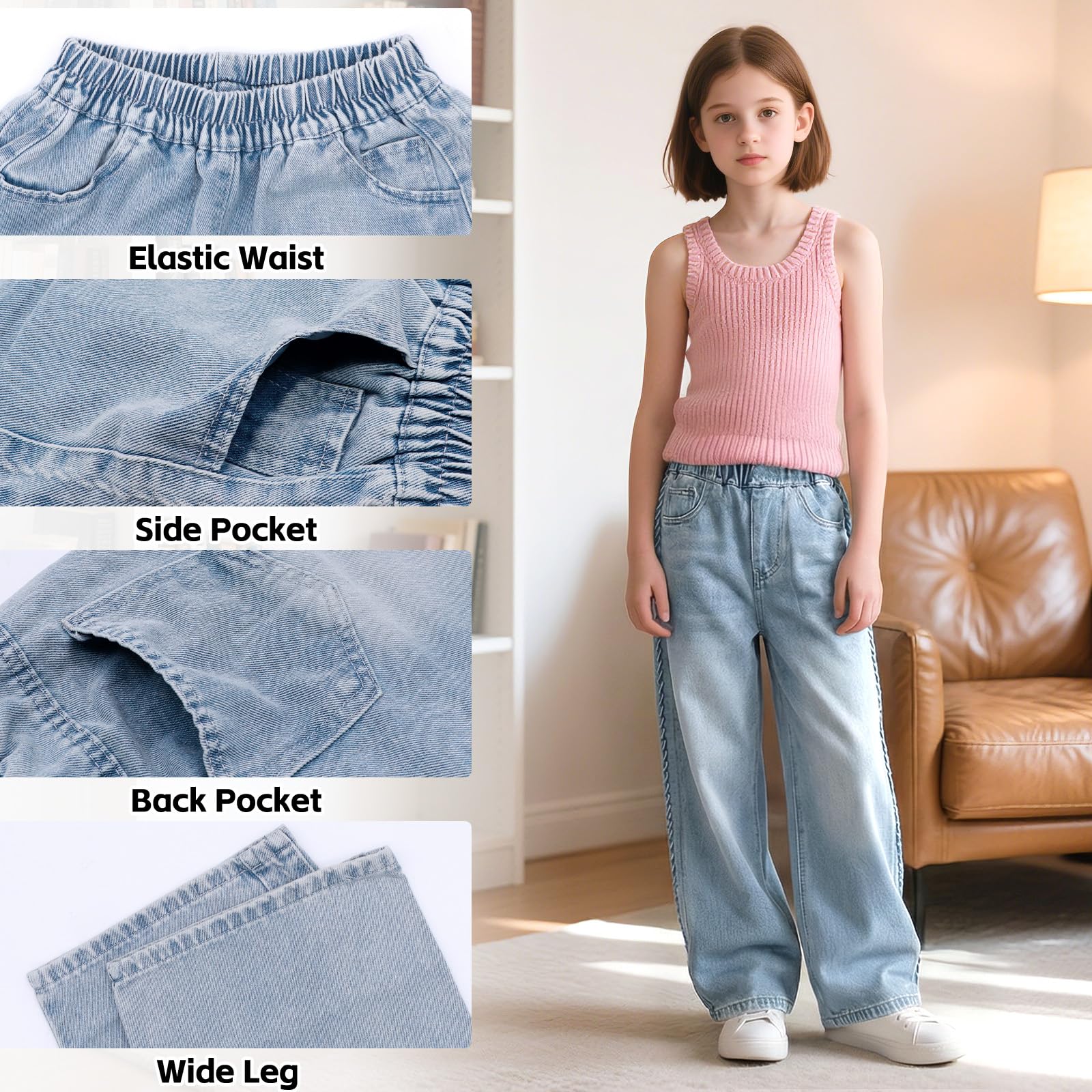 Jeans Filles Baggy Pantalon Jambes Larges avec Taille Élastique Loose Fit Long Denim Jean avec Poches Stretch Décontracté Bleu Denim Pants Casual Mode Streetwear Pant pour Enfants 7-15 Ans