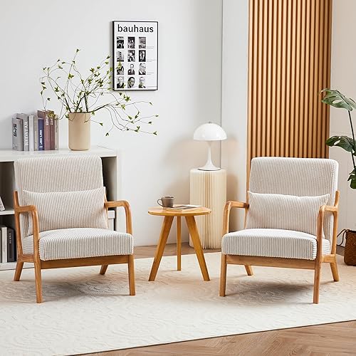 Juego de 2 sillas decorativas, modernas de mediados de siglo con almohada, sillón con madera maciza, silla de ocio relajante para lectura para sala