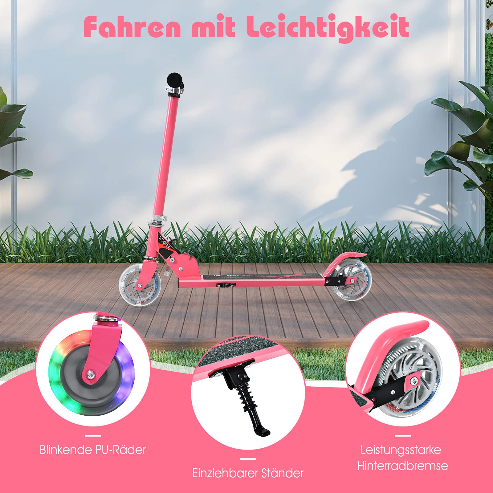 COSTWAY Kinderscooter opvouwbare kinderscooter met led-wielen, stuur, statief en draagriem, in hoogte verstelbaar, step, stadsscooter, scooter voor jongens en meisjes vanaf 3 jaar (roze