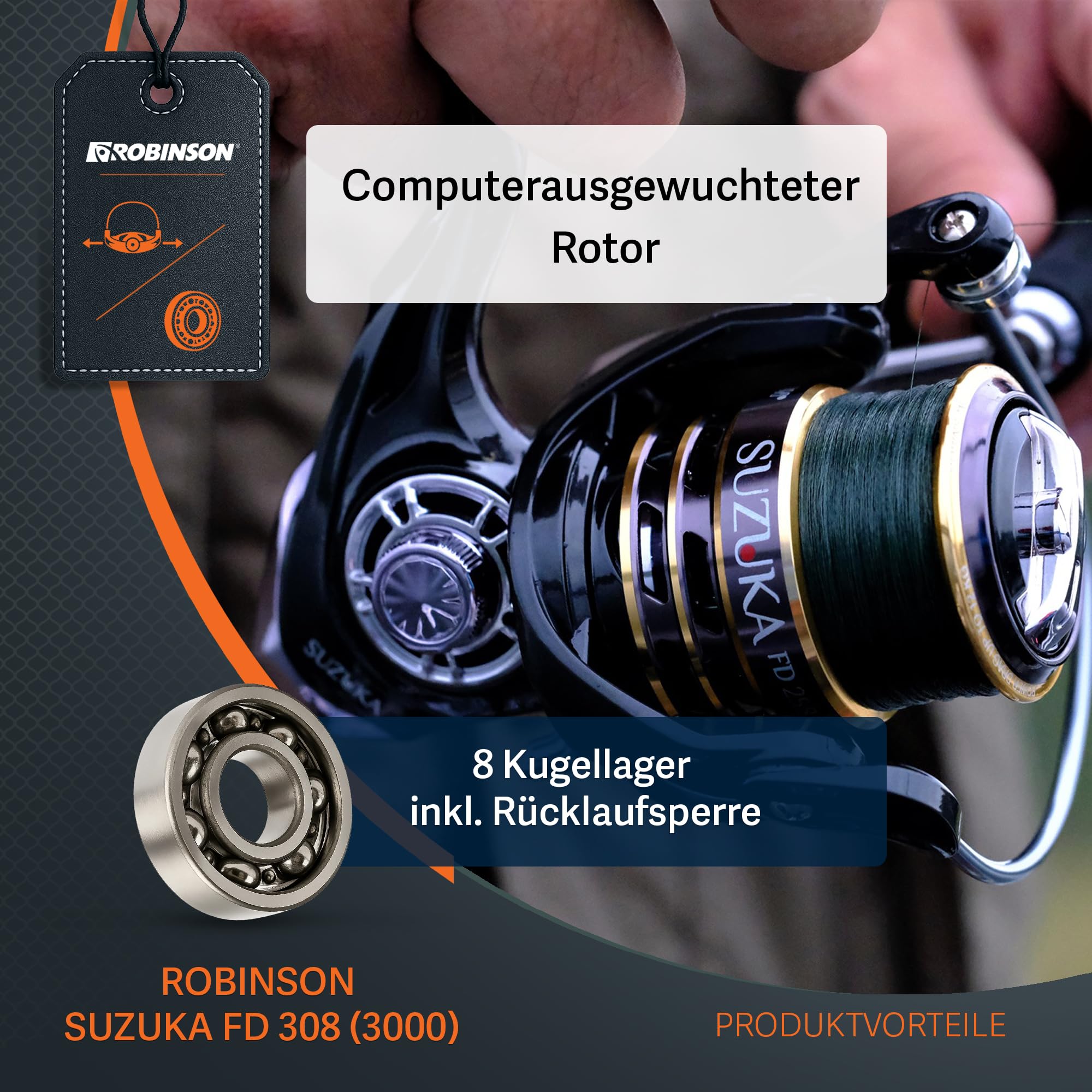 Robinson Angelrolle - Frontbremse, 8 Kugellager, Duraluminium-Spule, 5.2:1 - je nach Größe für Barsch, Forelle, Döbel, Zander, Hecht & Wels - Suzuka