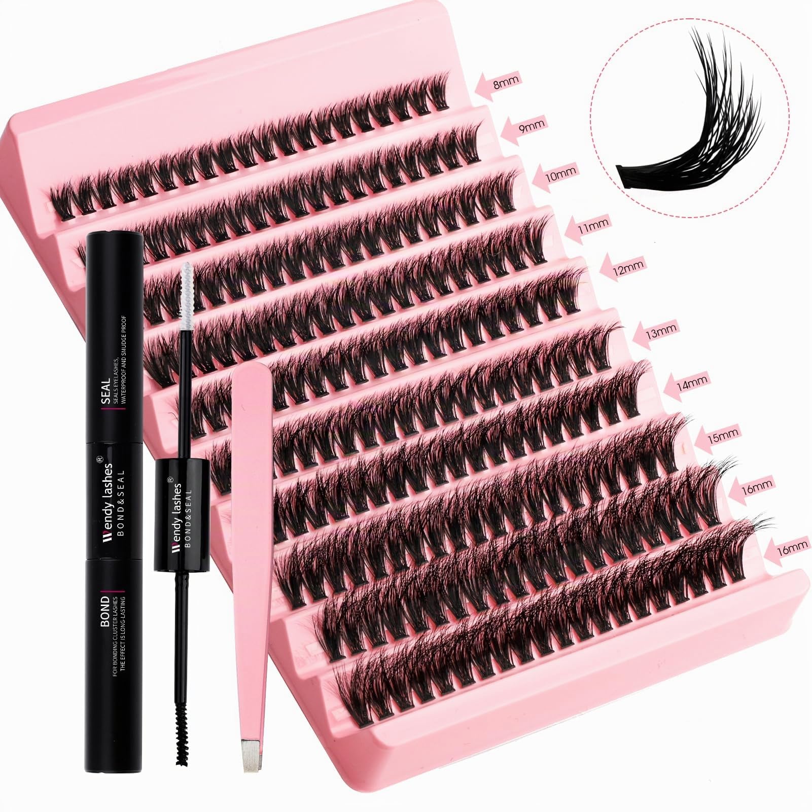 Wendy Lashes Kit Extension Ciglia 200PCS Clusters Lashes Kit D Curl 0,07 80D 8-16mm Ciglia Finte Individuali Fluffy Effetto 3D Cluster Eyelash con Lash Bond e Seal for DIY Lashes