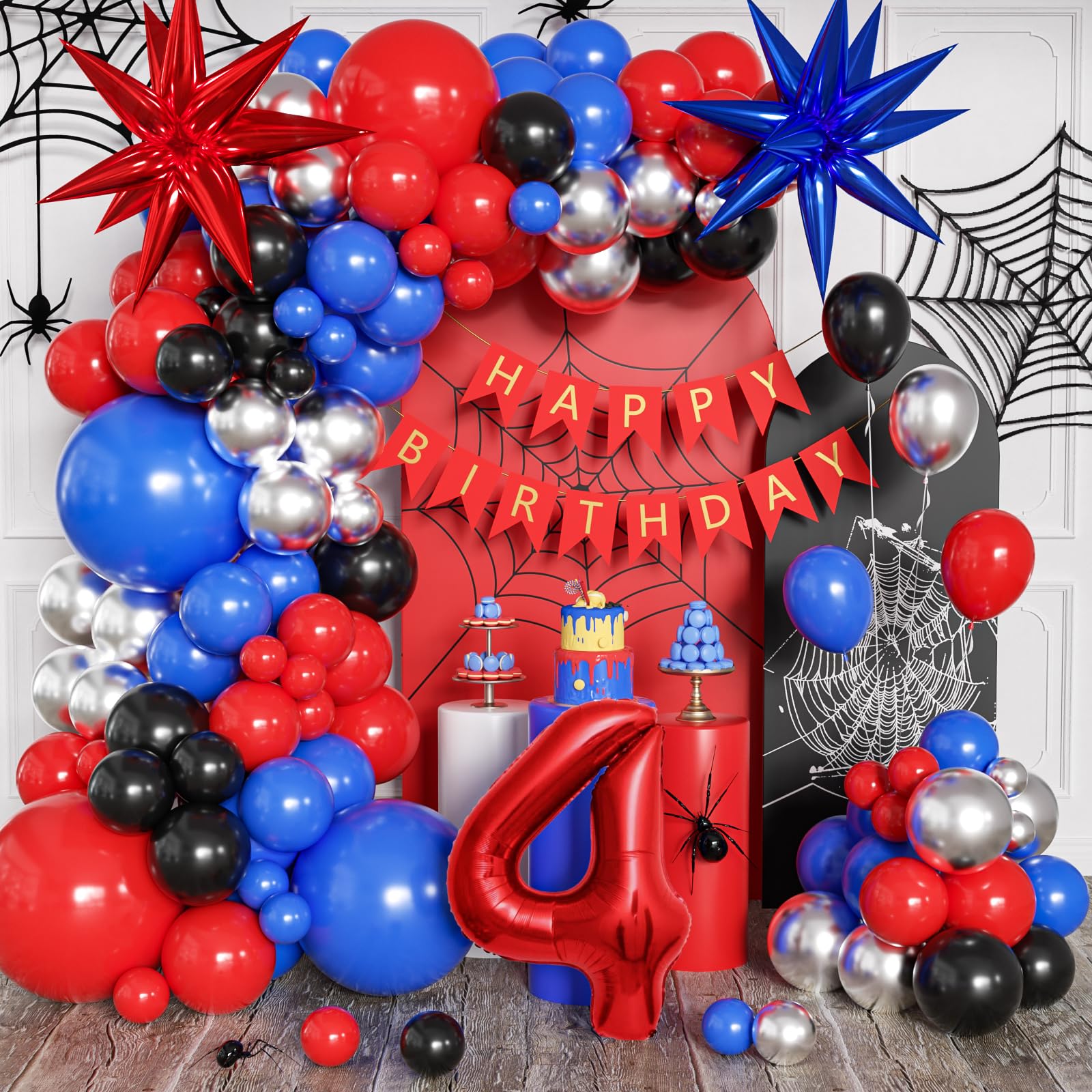 Spider Theme Birthday Decorations Party Supplies Balloon Arch Kit, Spider Theme 4th Birthday Decorations Boys Girls, Spider Theme Birthday Decorations 4 Year Old with Red Blue Balloons
