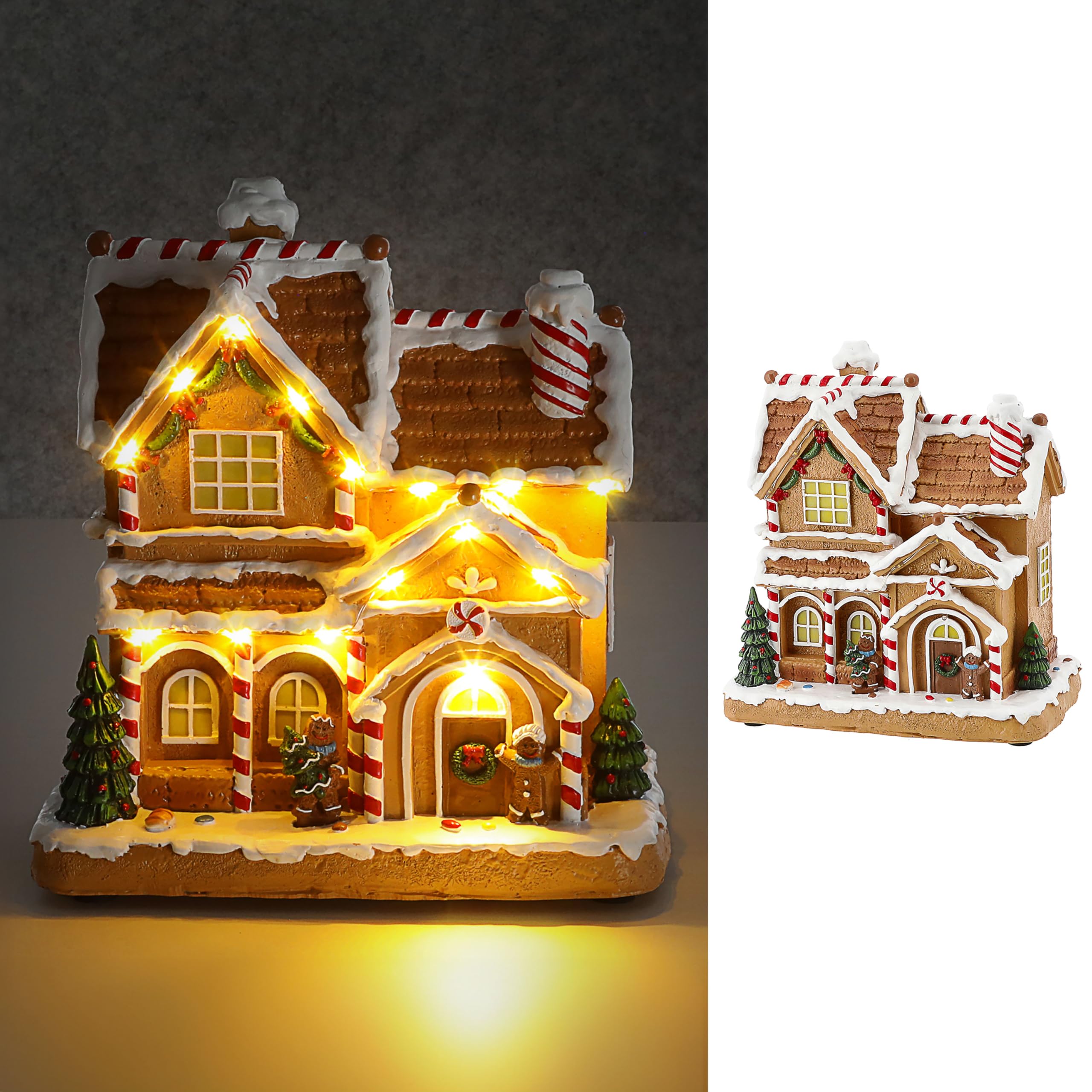 Cepewa LED Winter Haus Lebkuchen | 21,5x22,5x12,5cm Polyresin 15 warmweiße LEDs | batteriebetrieben An-/Ausschalter | Weihnachtsdekoration (1 x LED Winterhaus Lebkuchen)