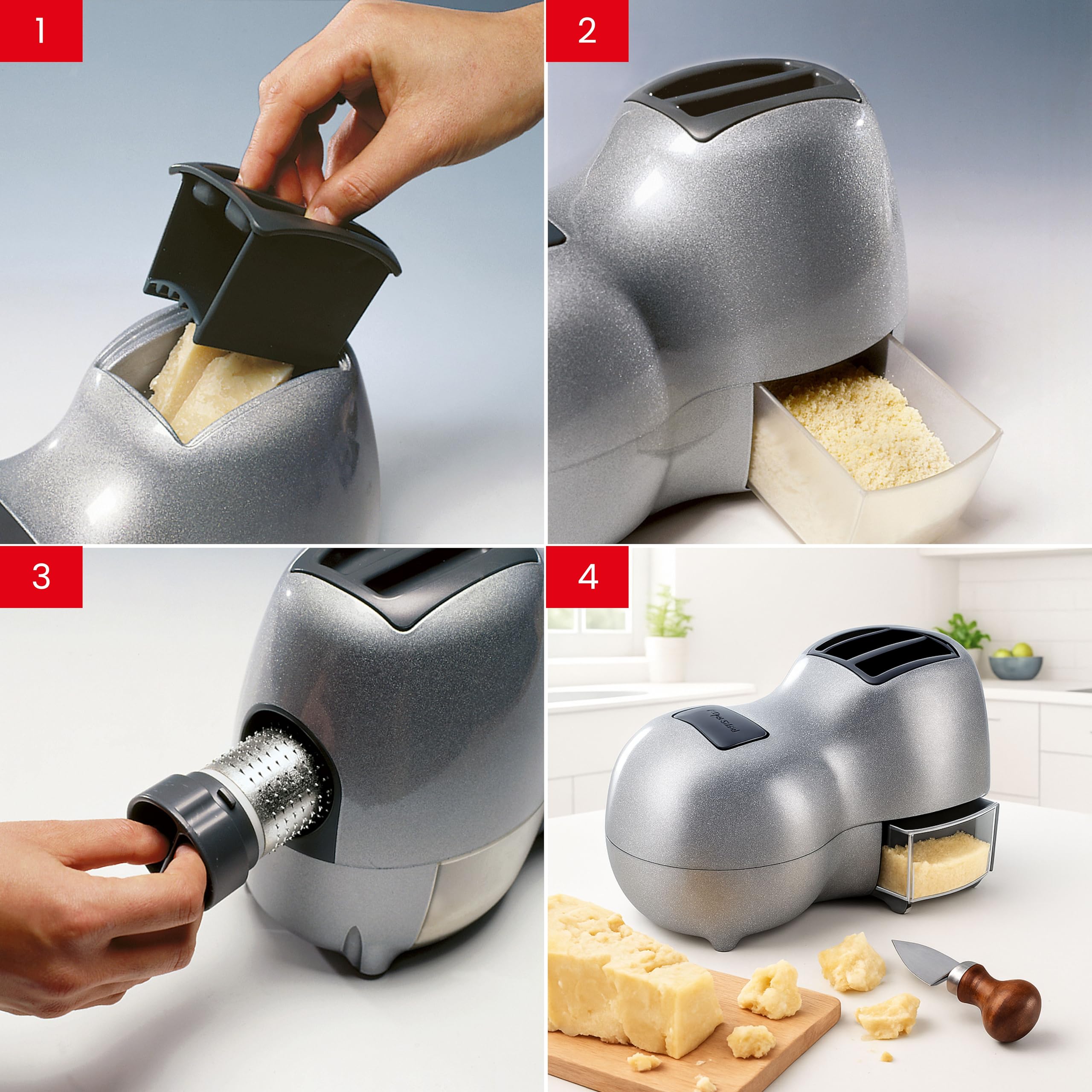 Reber Grattugia Elettrica per Formaggio 140W - Ideale per Parmigiano, Pane Secco, Cioccolato e Frutta Secca - Uso Continuo senza Soste - Facile da Pulire - Fido Silver