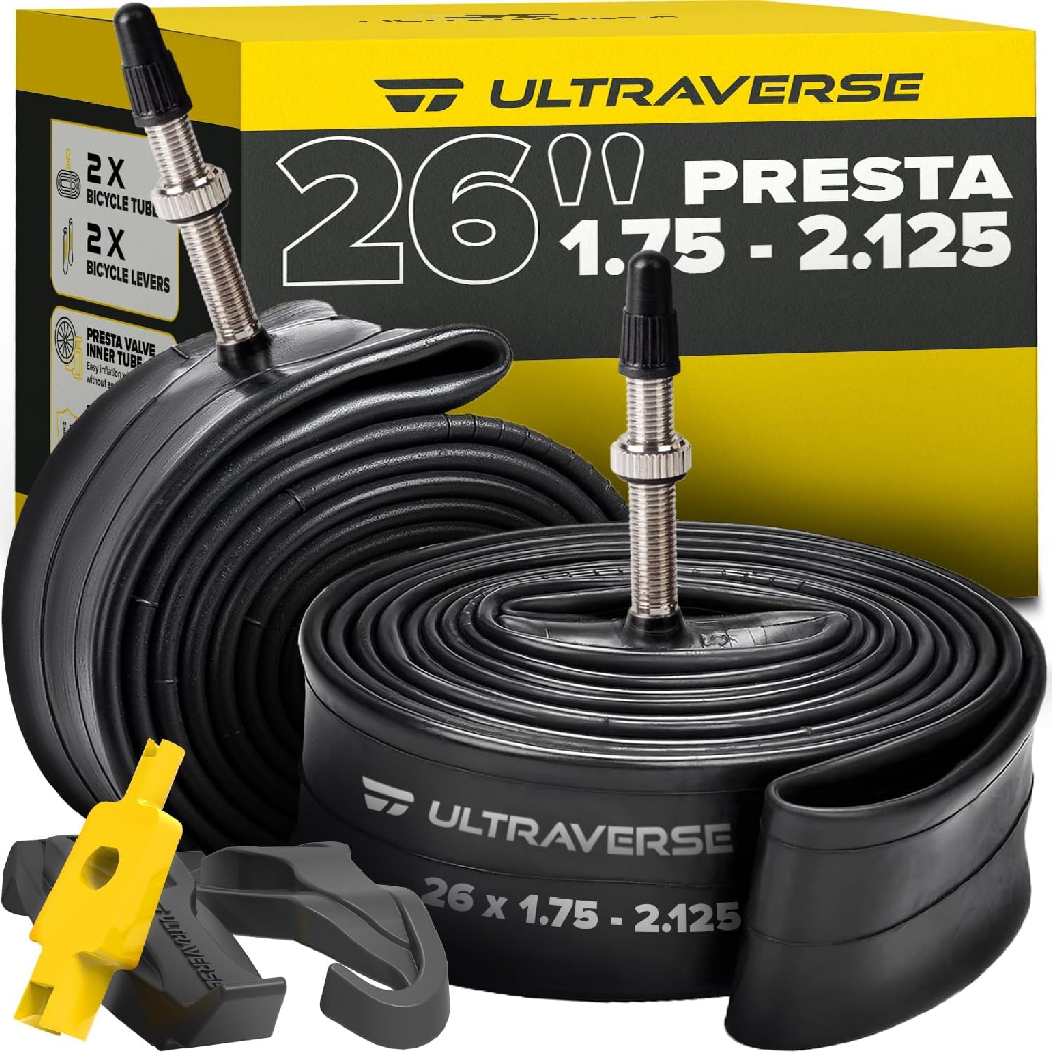 Ultraverse Bike Inner Tube for 26, 27.5 X 1.75/1.95/2.10/2.125 inch Bicycle tire Sizes with Presta Valve - Rubber Tubes for Mountain and Trail, Cruisers, MTB, and All Terrain Bikes – Set of 2