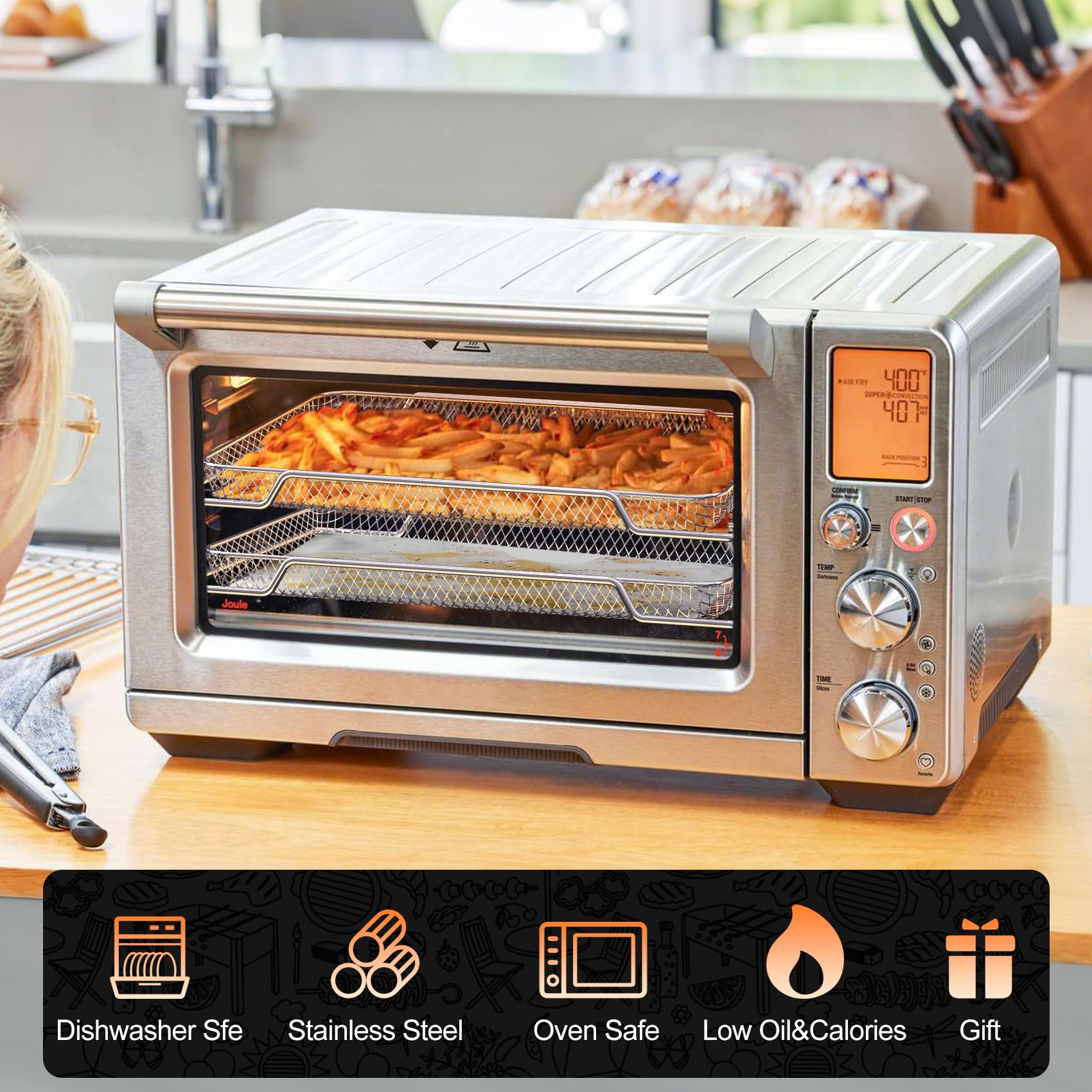 onlyfire 3 er Edelstahl Backofen Gitterkorb, 42 X 29.5cm Mesh-Grillkorb Frittierkorb Backofenkorb zum Backen, Pommes Frites, Gemüse Chicken Nuggets, Drahtgestell für Ofen