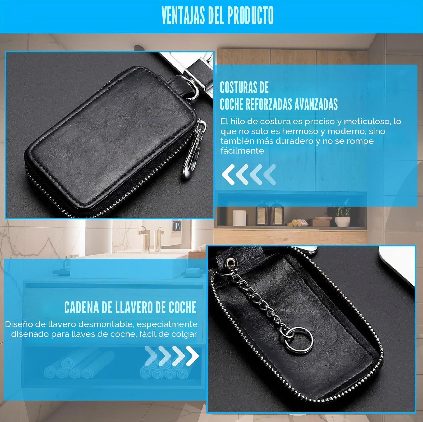 HOMURY 2 llaveros de coche: estuche llavero vintage de piel con cremallera y mosquetón, protección llavero, bolsa llavero universal (negro, azul real)