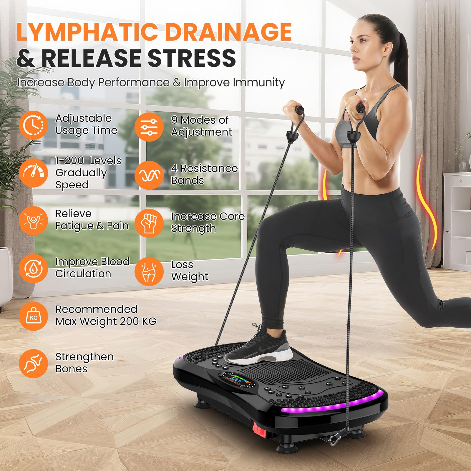 Vibrationsplatte Vibration Plate mit 200 Intensitätsstufen, 9 Trainingsprogrammen, Bluetooth, Rüttelplatte Sport für Zuhause bis 200 kg belastbar zur Lymphdrainage und Abnehmen