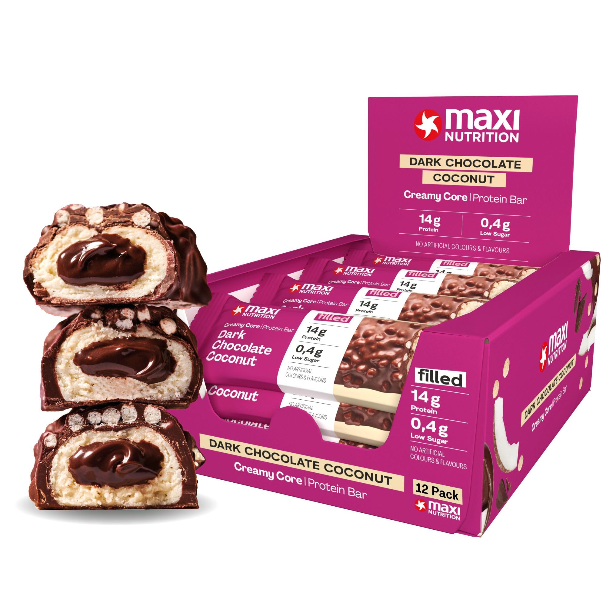 Maxi Nutrition Dark Chocolate & Coconut Creamy Core Protein Bar (Pack of 12 x 45 Grams Each) | With 14G Of Protein | Low Sugar | Fat Free | High Protein Snack | No Artificial Flavors & Colour Added