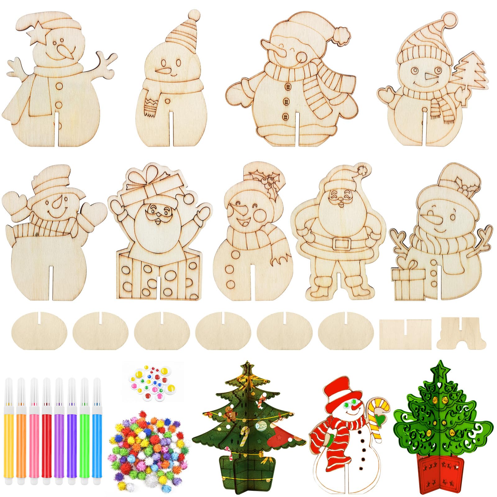 Annickee 12 Piezas 3D Adornos Arbol Navidad Madera, DIY Adornos Madera Árbol de Navidad con lápices de acuarela, Adornos para árboles de Navidad, Adornos Manualidades Navidad Niños, Muñeco de nieve