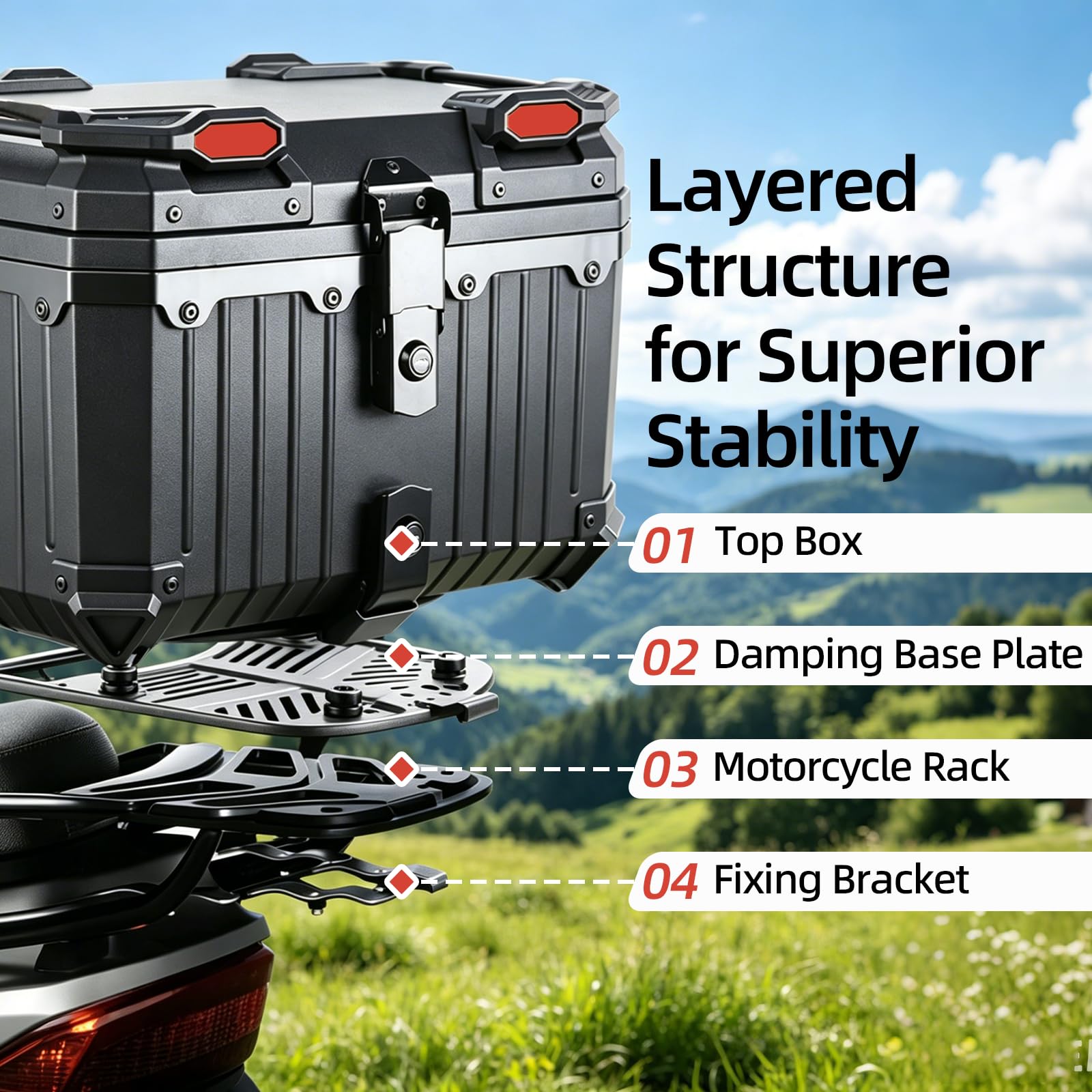 45L Motorrad Topcase, Universal Topcase für Motorrad mit Sicherheitsschloss, Carbonstahl-Bodenplatte und Lederinnenfutter, Wasserdichter & Staubdichter Heckkoffer zur Helmaufbewahrung