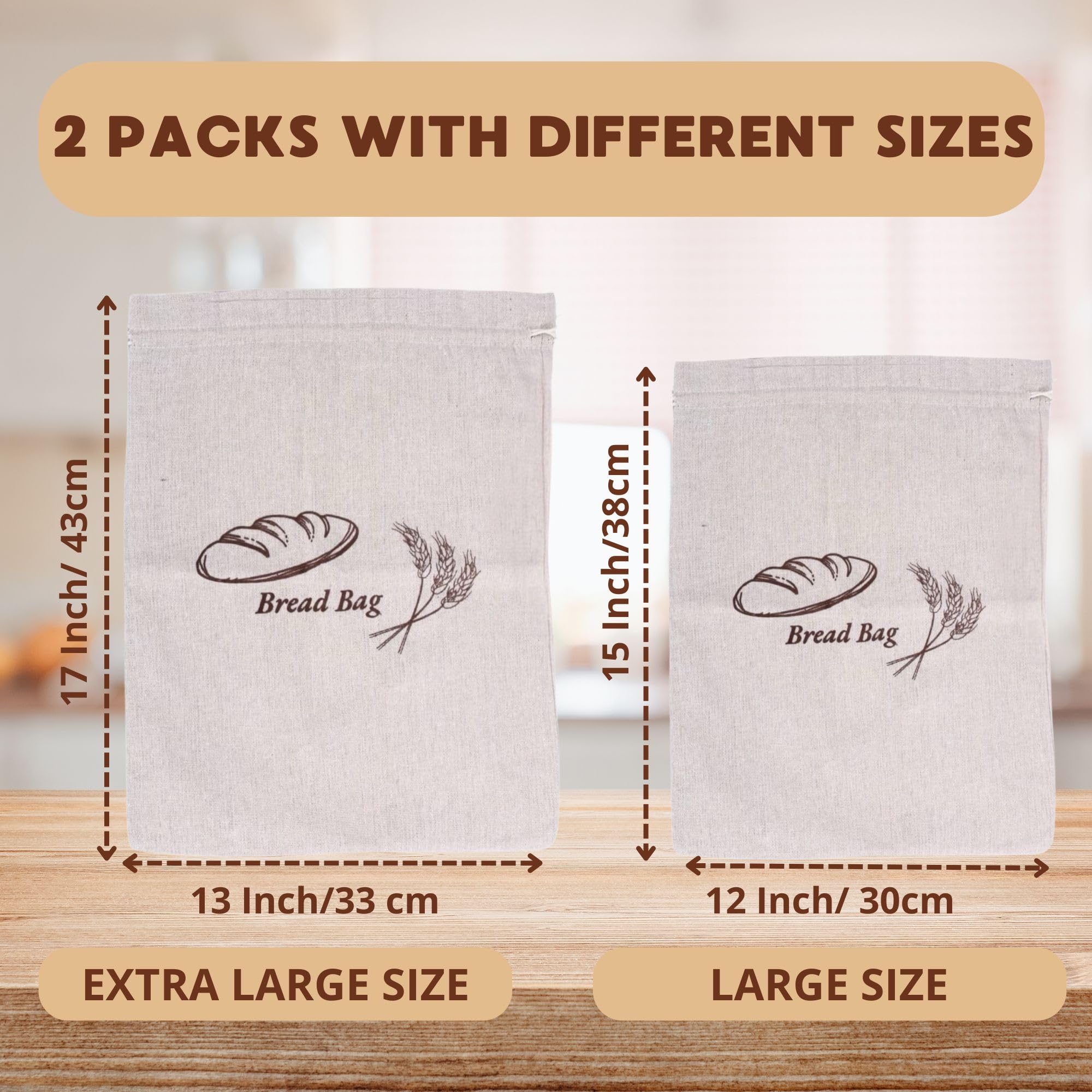 Sanmico® 2 Pack Reusable Bread Bag - Linen Bags For Storage Homemade & Sourdough Bread - With Plastic Lining- 2 Sizes, XL & Large. (XL & L)
