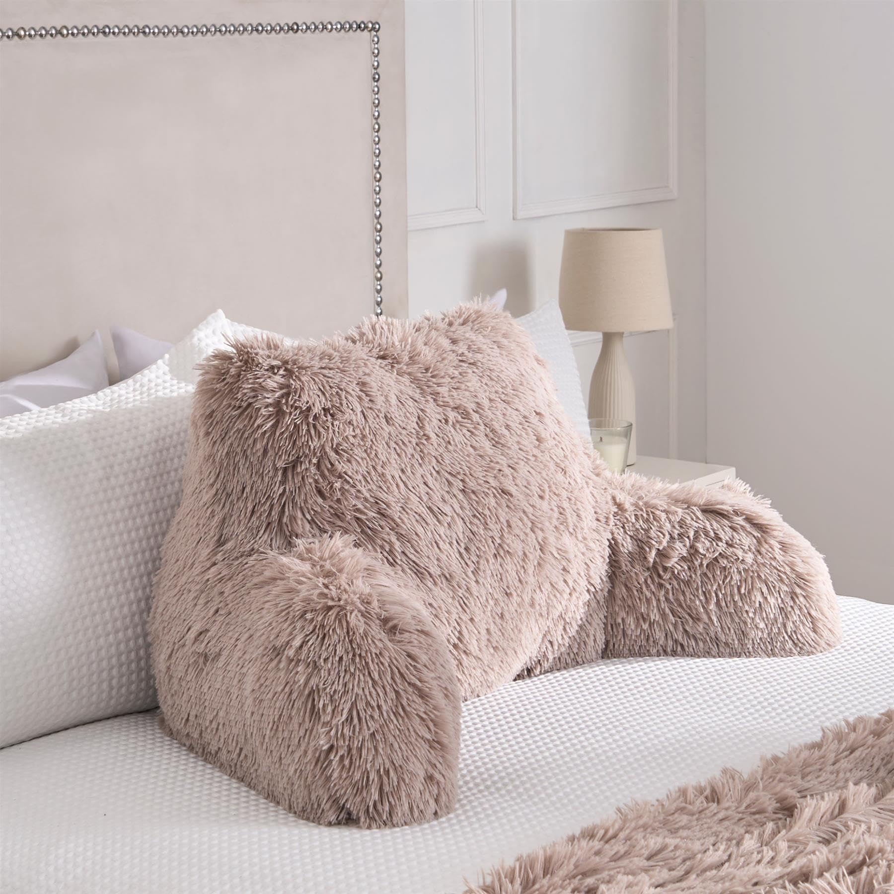Fluffy Fleece Reading Cushion Pillow with Arms - Lumbar Chair Support - Natural - OHS