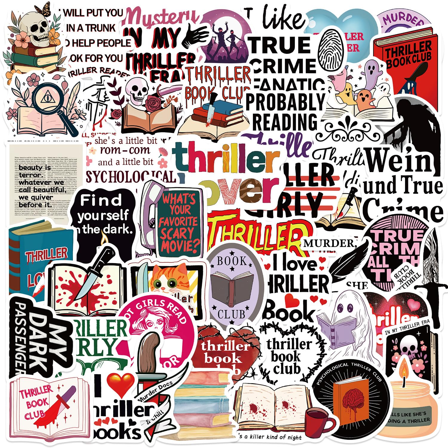 Bric Dodo 50 Pcs Thriller Book Stickers Laptop Car Scrapbook Phone Skateboard Suitcase Luggage Bike Spooky Bookish Vinyl Waterproof Aesthetic Personalised Stickers For Adults