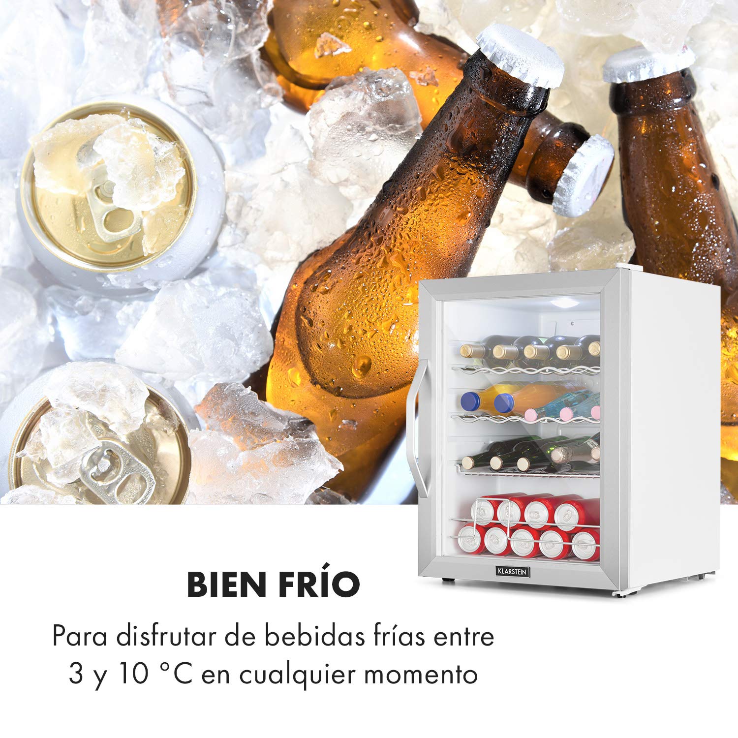 KLARSTEIN Nevera Pequeña Portatil Electrica para Bebidas, Mini Frigorifico con Estantes y Puerta de Cristal Habitaciones, 60L
