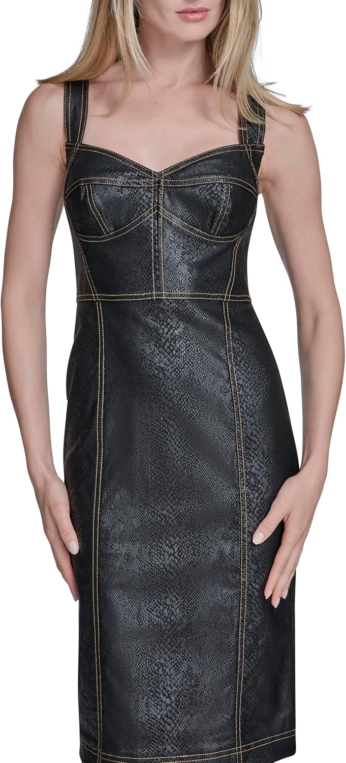 BCBG Womens Sleeveless Sweatheart Neck Denim Sheath Midi Dress