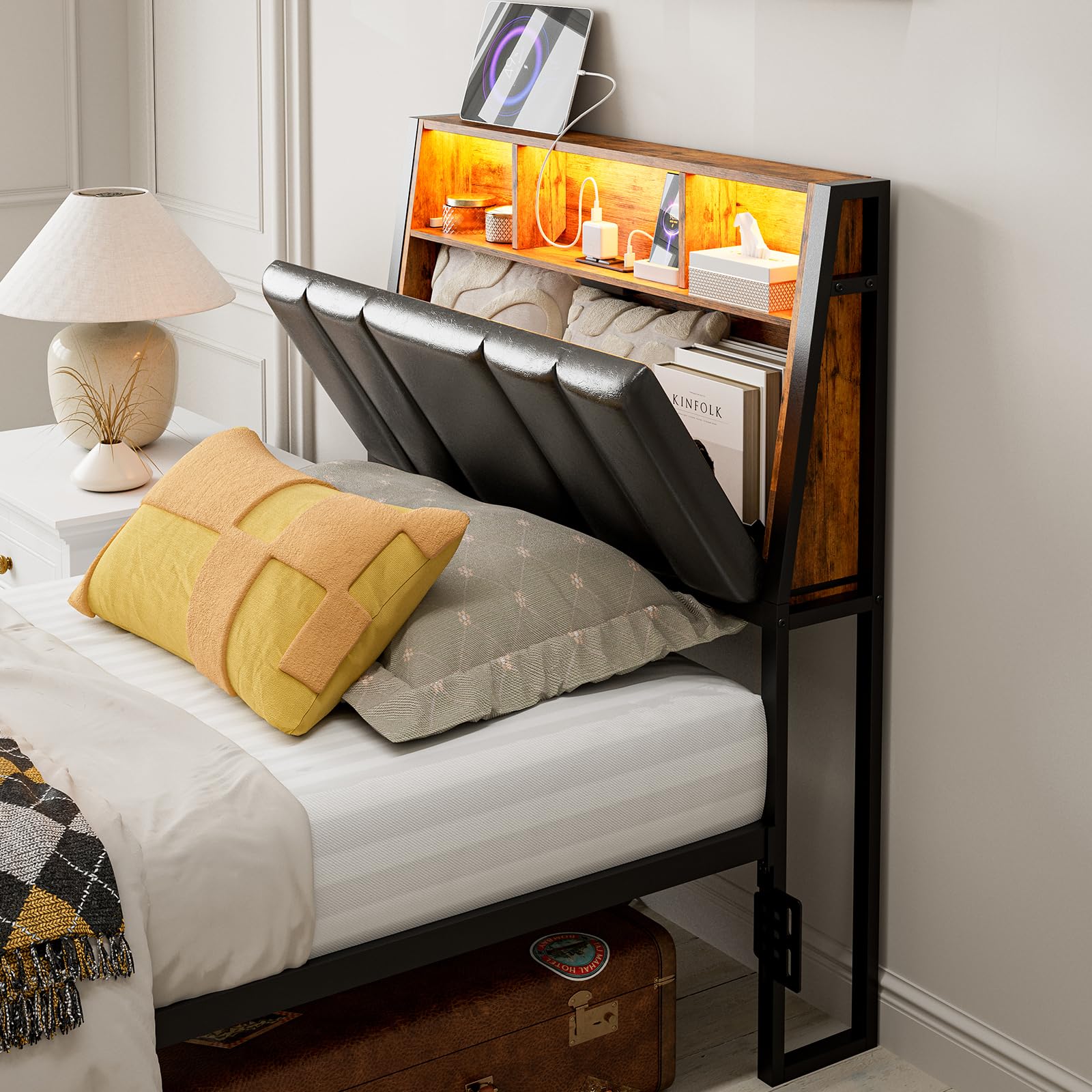 AOVSA Twin Size Hidden Storage Headboard Only, Ergonomic Upholstered Twin/Twin XL Headboard with Outlets, USB Ports & LED Light, Bed Frame Adapter,