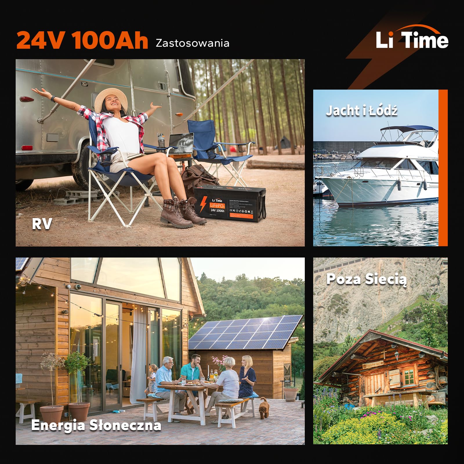 LiTime Bateria litowa LiFePO4 24V 100Ah, Akumulator LiFEPO4 Wbudowany 100A BMS, 4000+ Cykli, 10 Lat Żywotności, Bateria Lifepo4 24V Odpowiednia Do Przyczep Kempingowych, Solarnych, Morskich