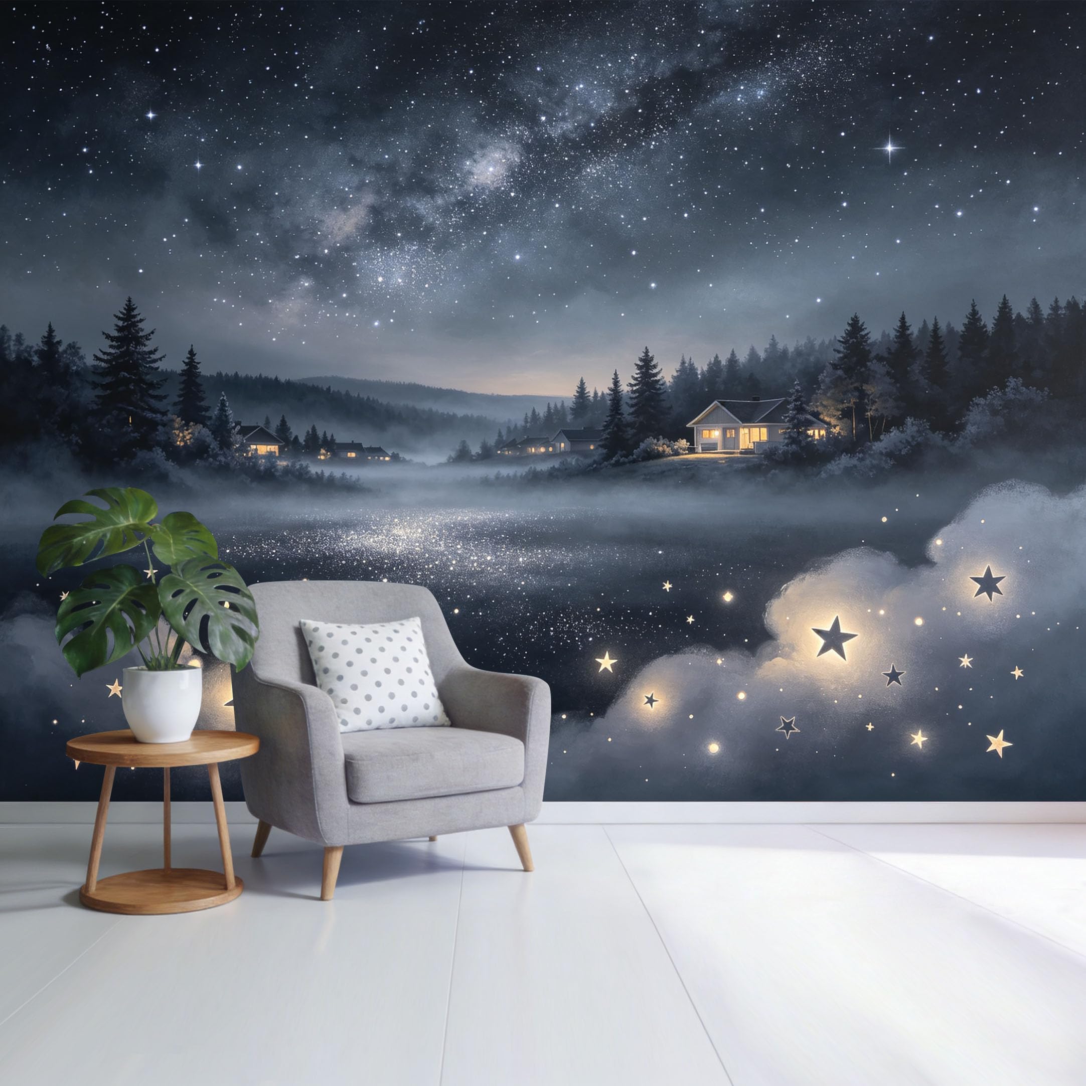 Custom Size Wall Mural Starry Night Sky Over Forest Lake Mist Landscape SelfAdhesive Wall Fabric Removable Wallpaper for Home Office Decor
