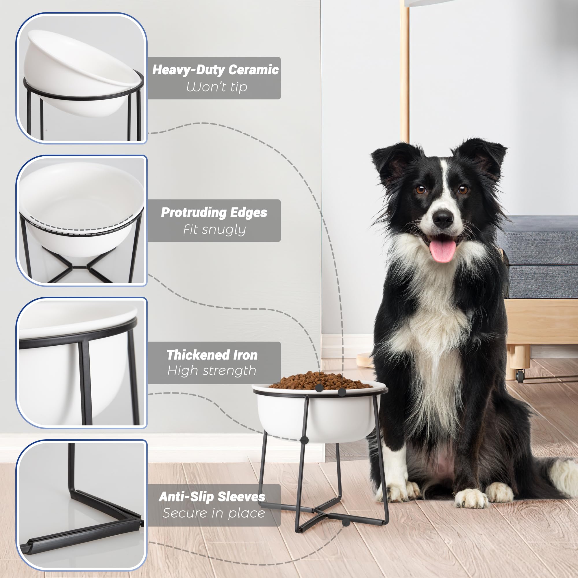 Ceramiczna miska dla psa - miska na jedzenie lub wodę z metalowym stojakiem - idealna dla średnich i dużych psów - 1400 ml, biała