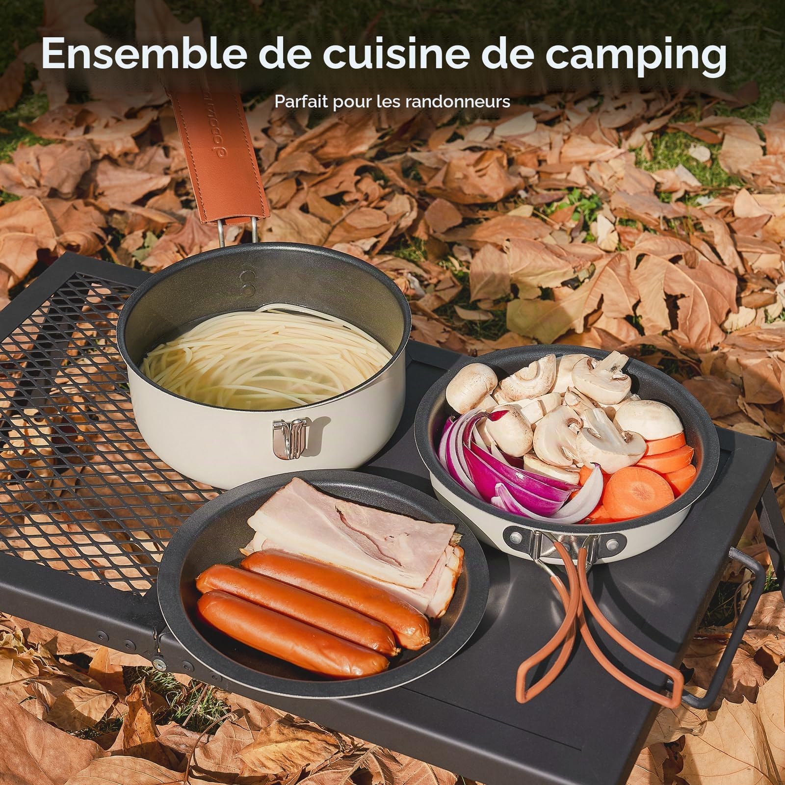 Odoland Lot de 10 ustensiles de cuisine de camping antiadhésifs légers avec assiettes, bols, fourchettes, couteaux et cuillères – Parfait pour la randonnée, le camping et les pique-niques