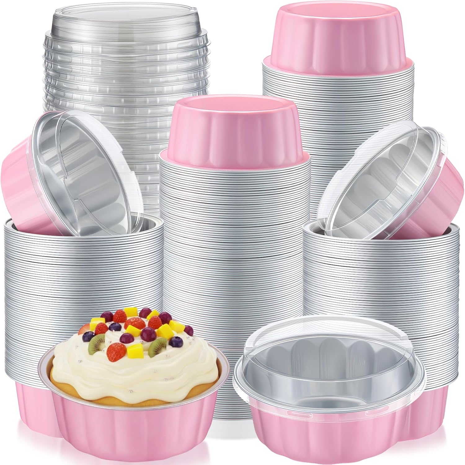 Gejoy 180 Pcs 8 oz Aluminum Foil Cup with Lids Disposable Ramekins with Lids Disposable Creme Brulee Cups Box for Wedding, Christmas, Party Dessert, Restaurants, Retail Stores(Pink)