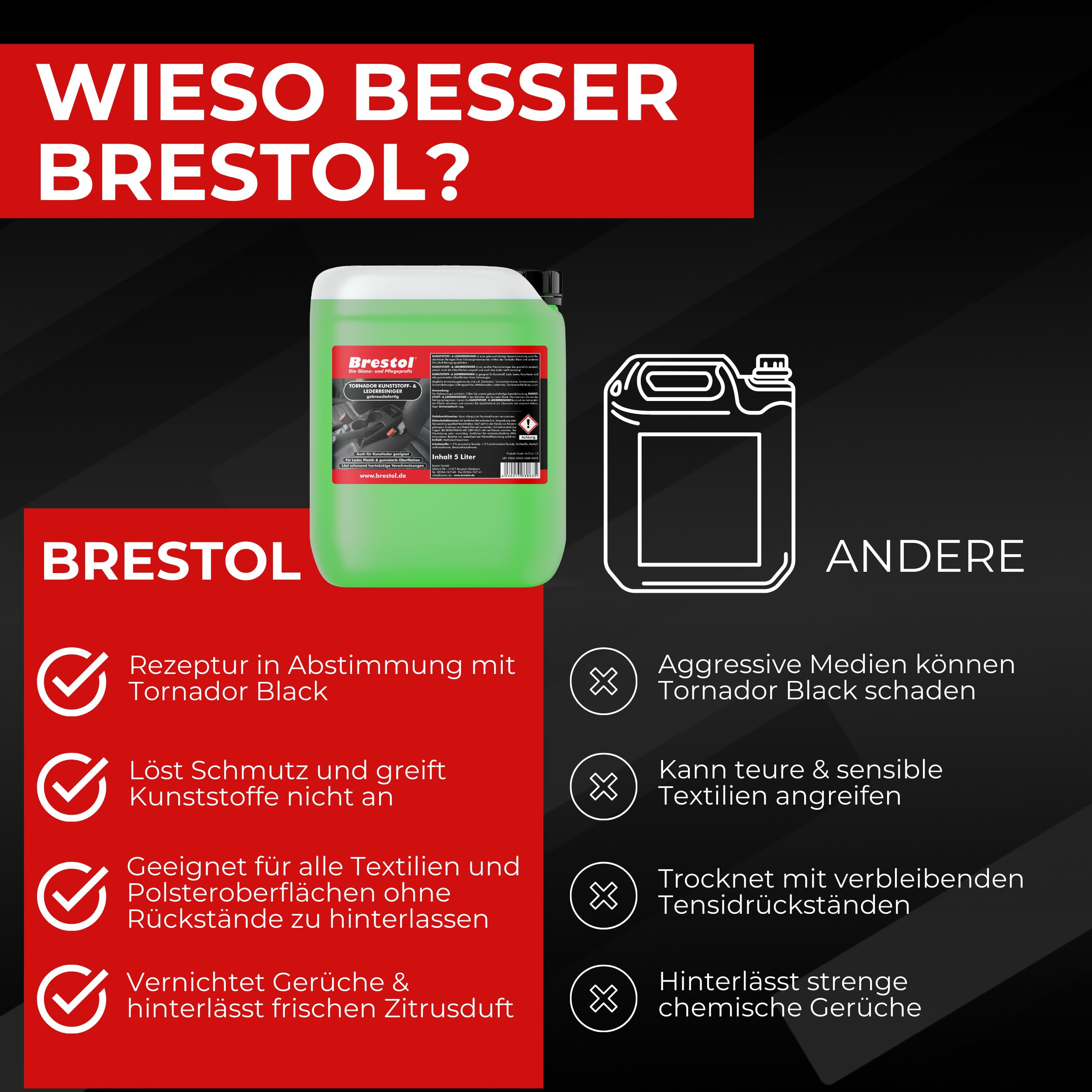 BRESTOL® TORNADOR Black Z-020RS mit Feder Impuls-Technik Aktuelles Modell Set 5 Liter Kunststoffreiniger Lederreiniger + 2X Mikrofasertuch blau