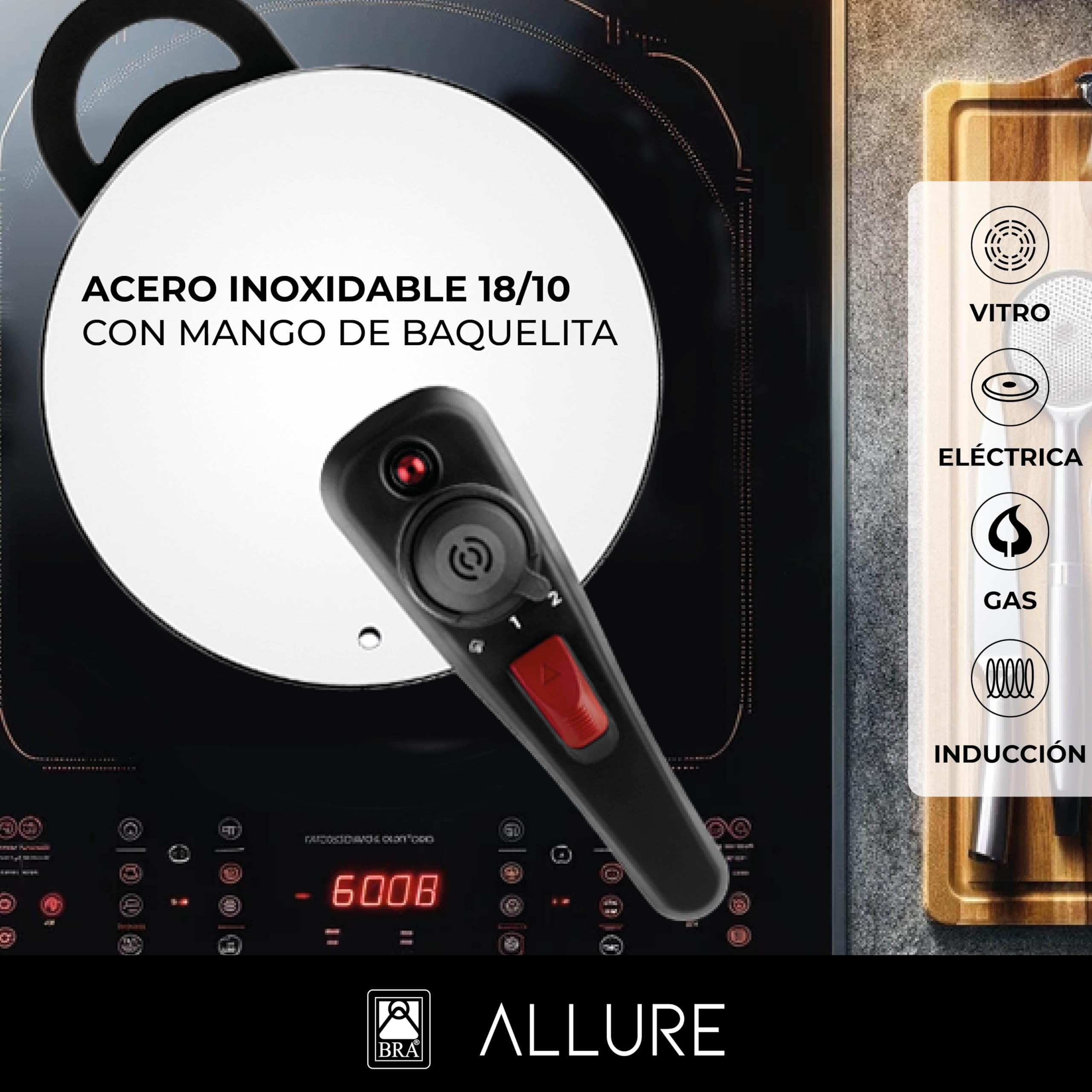 BRA Allure | Olla a Presión Rápida de 6 Litros, Fabricada en Acero Inoxidable 18/10, Con 2 Programas de Cocción y Sistema de Bloqueo de Apertura, Apta para Todo Tipo de Cocinas