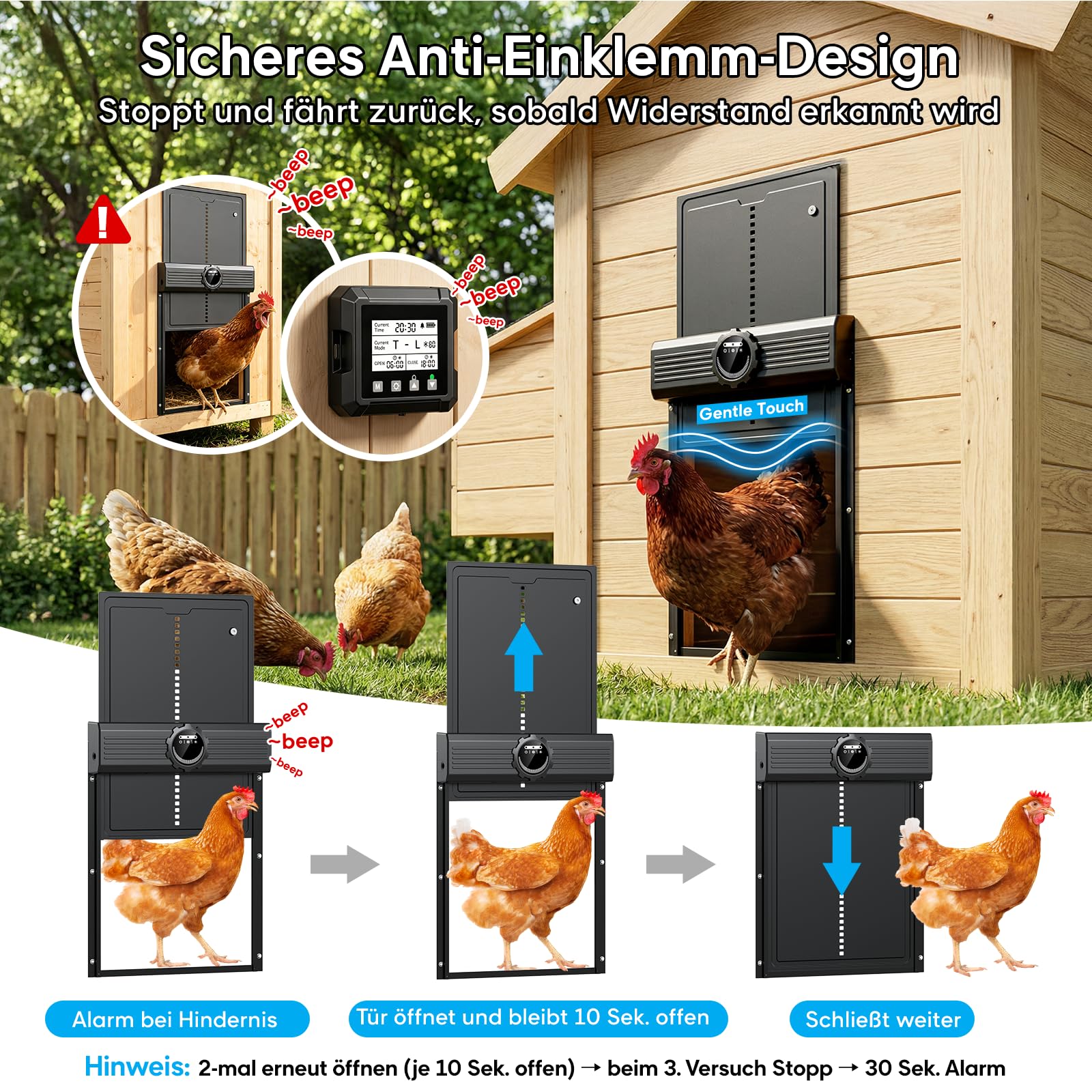 Kabellose Große Automatische Hühnerklappe Solar, MASTERFUN Aluminium Hühnerklappe Automatisch mit Lichtsensor, Timer, 7W-Solarpanel, Intelligenter Einklemmschutz, Elektrische Hühnertür