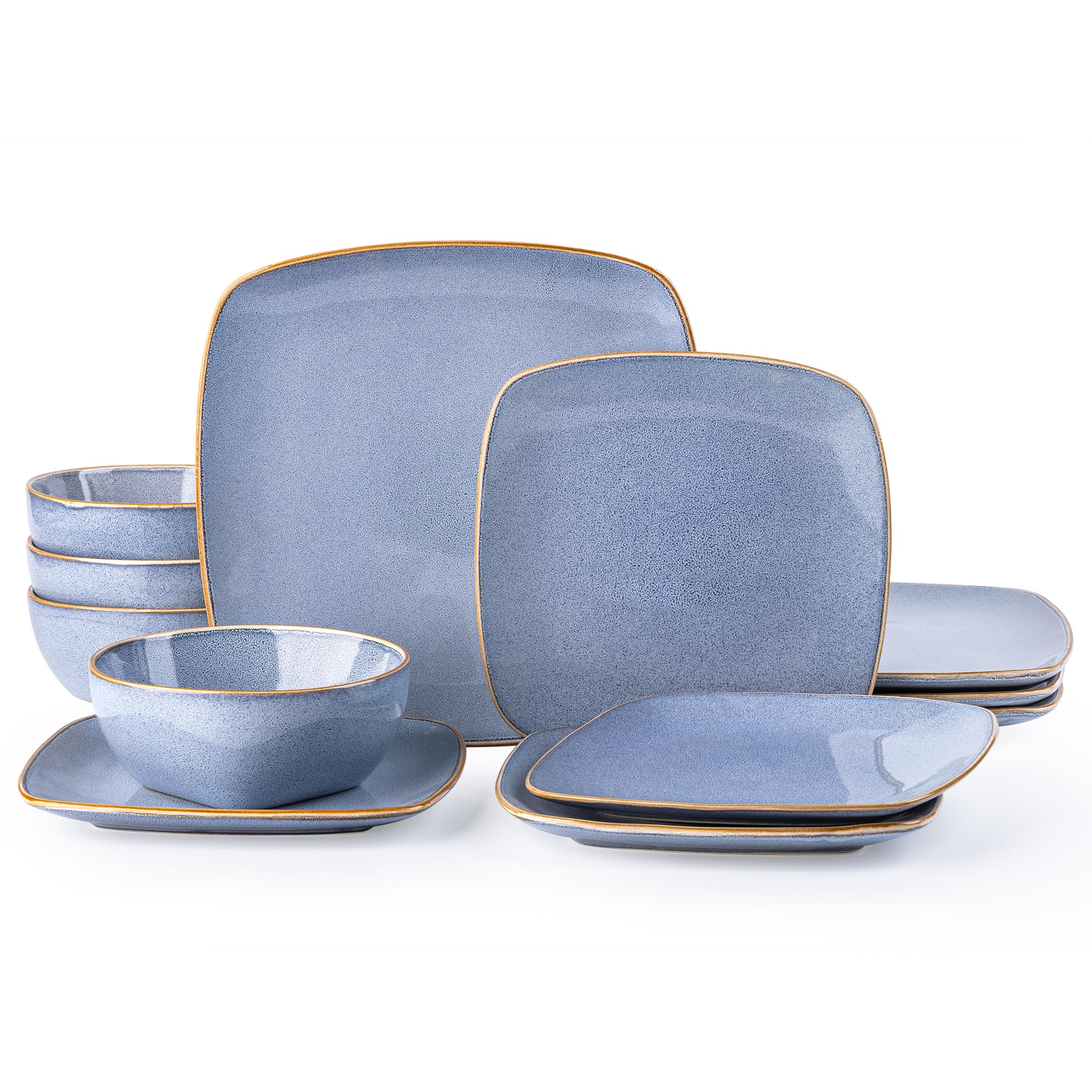 Sponsored Ad - Ceramic Dinnerware Sets for 4, 12 Pieces Square Handpainted Plates and Bowls Set, Chip and Scratch Resistant Stoneware Dishes Set, Dishwasher & Microwave Safe, Reactive Blue