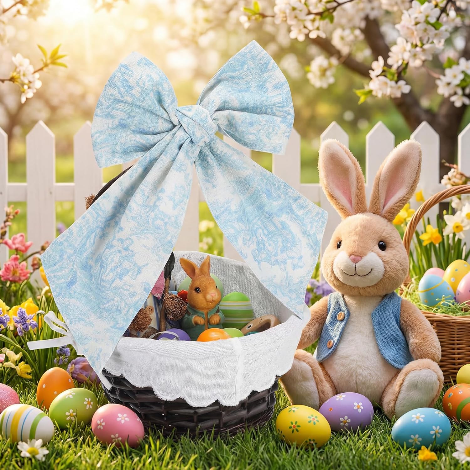 Qinyoung Easter Wicker Basket with Bow Large Blue Gift Basket with Handle Scallop Liner for Spring Picnic Egg Candy Gathering Diaper Caddy Changing Table Towels Wine Storage Wedding Decor