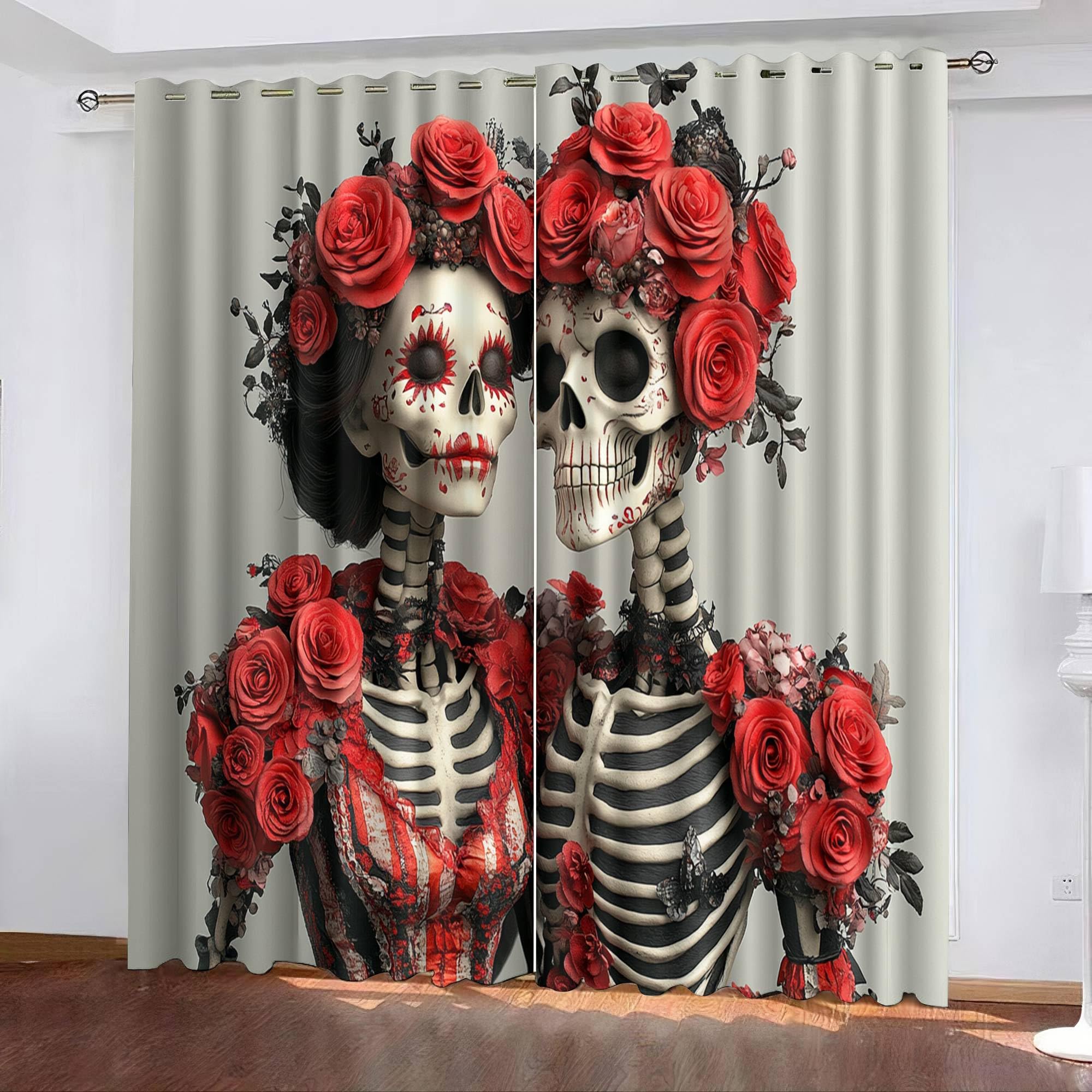 Skelett Vorhang mit Ösen 175 x 280 cm – Bedruckter Sternenmuster Ösenschal aus Polyester perfekt für Kinderzimmer Dekoration Halloween & Partys – Paar Vorhänge H22-2901824