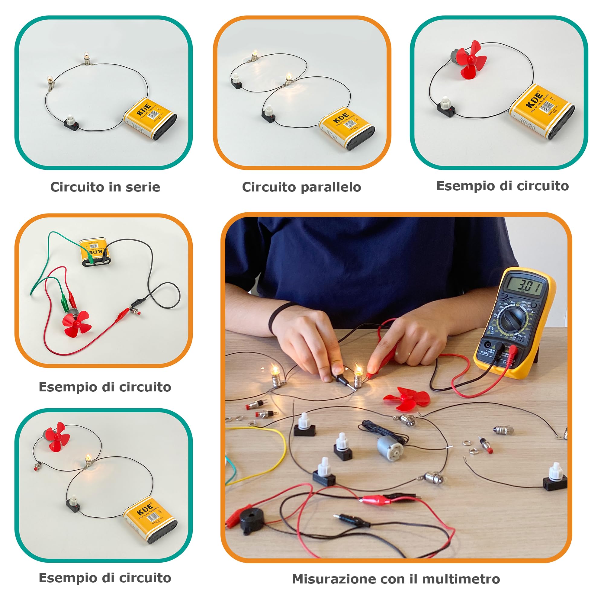 Kit elettrico scolastico avanzato con multimetro digitale, kit circuito elettrico scuola media, circuiti elettrici, kit elettronica, scuola e casa