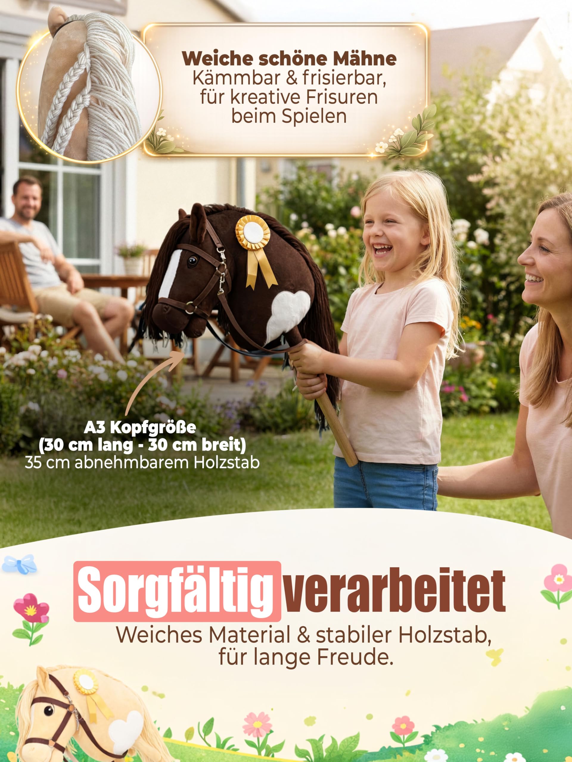 Hobby Horse Steckenpferd – Handgefertigtes Stockpferd für Kinder 4–12 Jahre - Realistisches Hobby Horsing Pferd mit verstellbarem Gurt & Turnierschleife (Braun & Weiß)