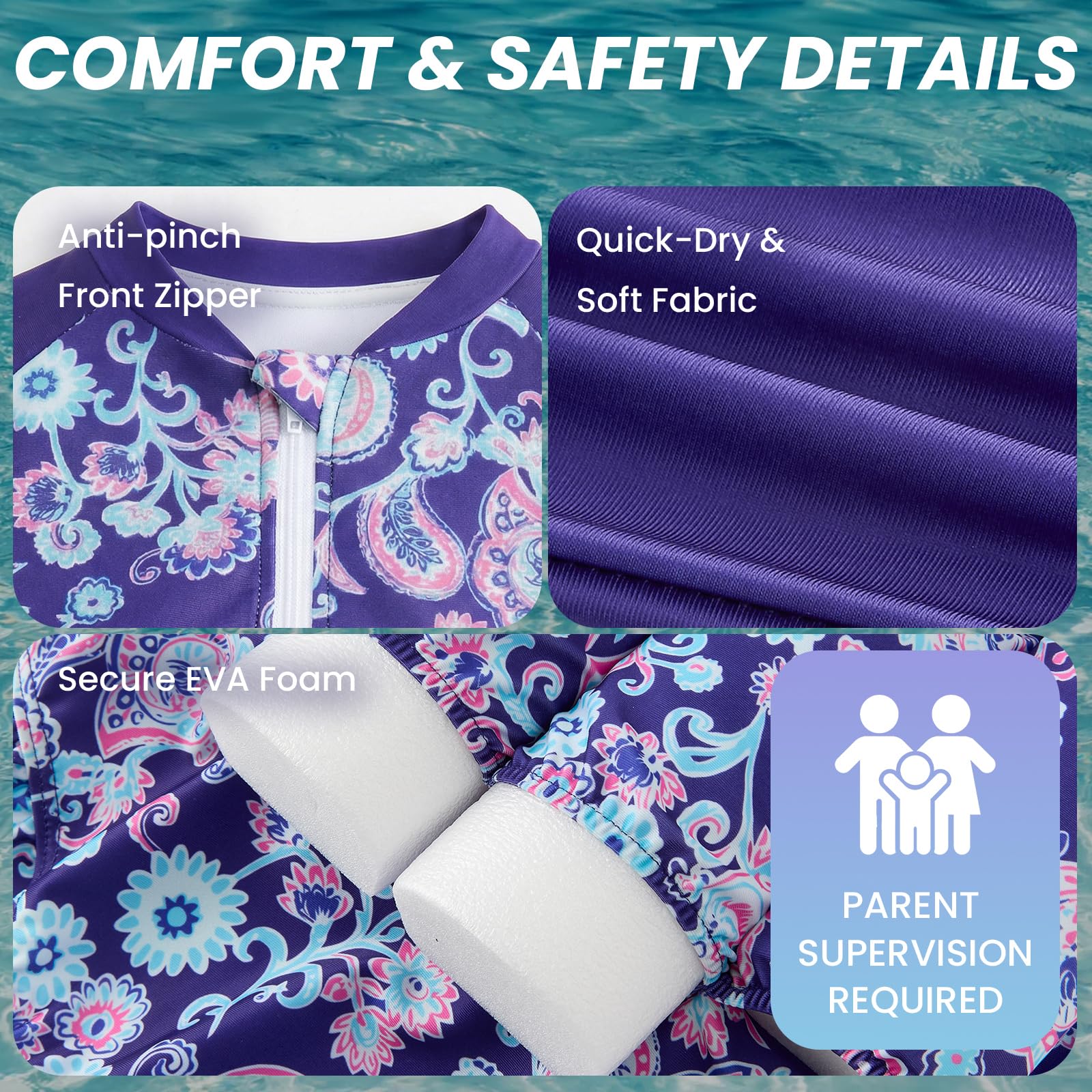 Maillot de bain pour bébé fille avec flottaison pour enfant - Aide à la natation - Maillot de bain à manches longues - Maillot de bain une pièce