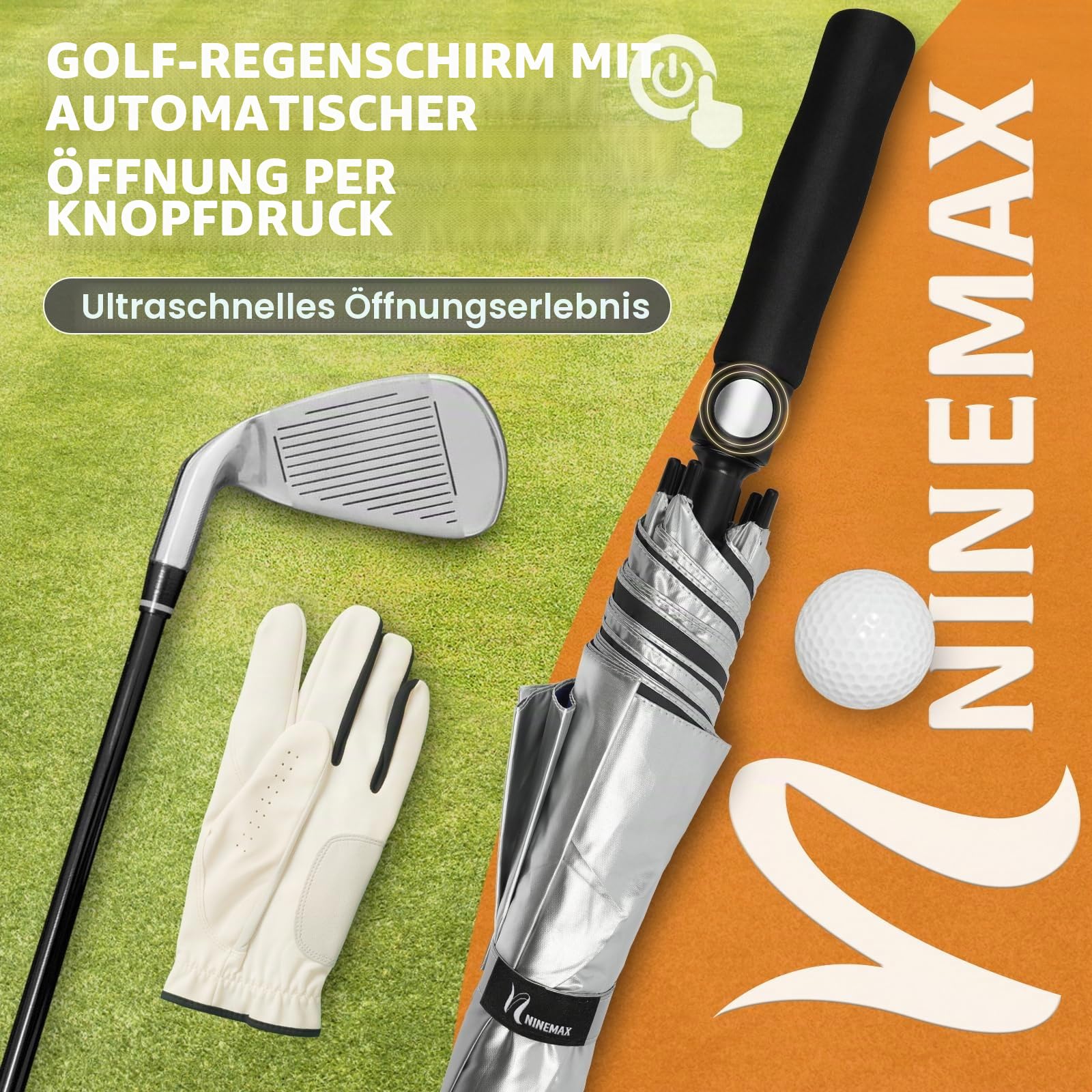 NINEMAX Regenschirm mit UV Schutz XL/XXL, UV Großer Golfschirm Sturmfest, Große Golf Sonnenschirm für Herren Damen 2 Personen