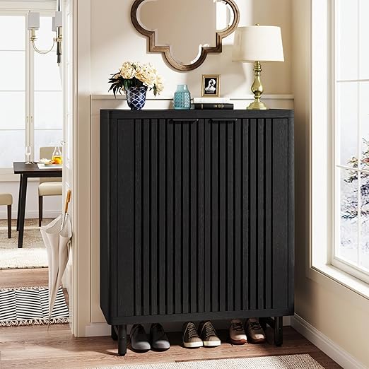 Tribesigns 6-Tier Shoe Cabinet with Shutter Doors, Large Wooden Shoe Organizer Rack with Adjustable Shelves, Modern Farmhouse Hidden Storage Furniture for Entryway, Hallway (Black)