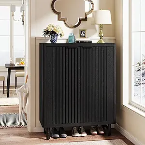 Tribesigns 6-Tier Shoe Cabinet with Shutter Doors, Large Wooden Shoe Organizer Rack with Adjustable Shelves, Modern Farmhouse Hidden Storage Furniture for Entryway, Hallway (Black)