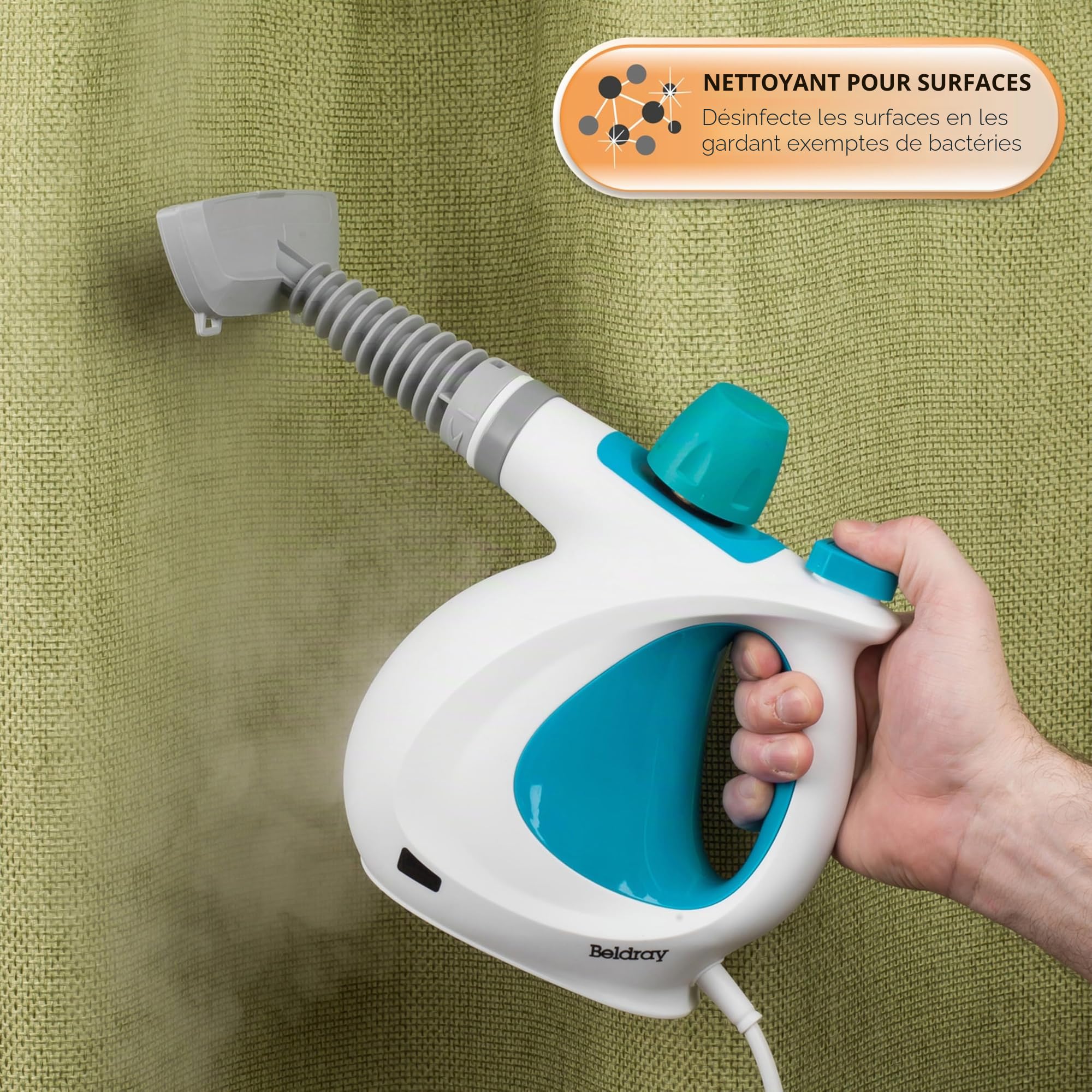 Beldray Nettoyeur Vapeur à Main 10-en-1 , Prise EU, Nettoyage et Désinfection Vapeur Multifonctionnel, Réservoir d'Eau de 250ml, Accessoires Nettoyage pour Rideaux, Salle de Bain, Cuisine etc, 1000W