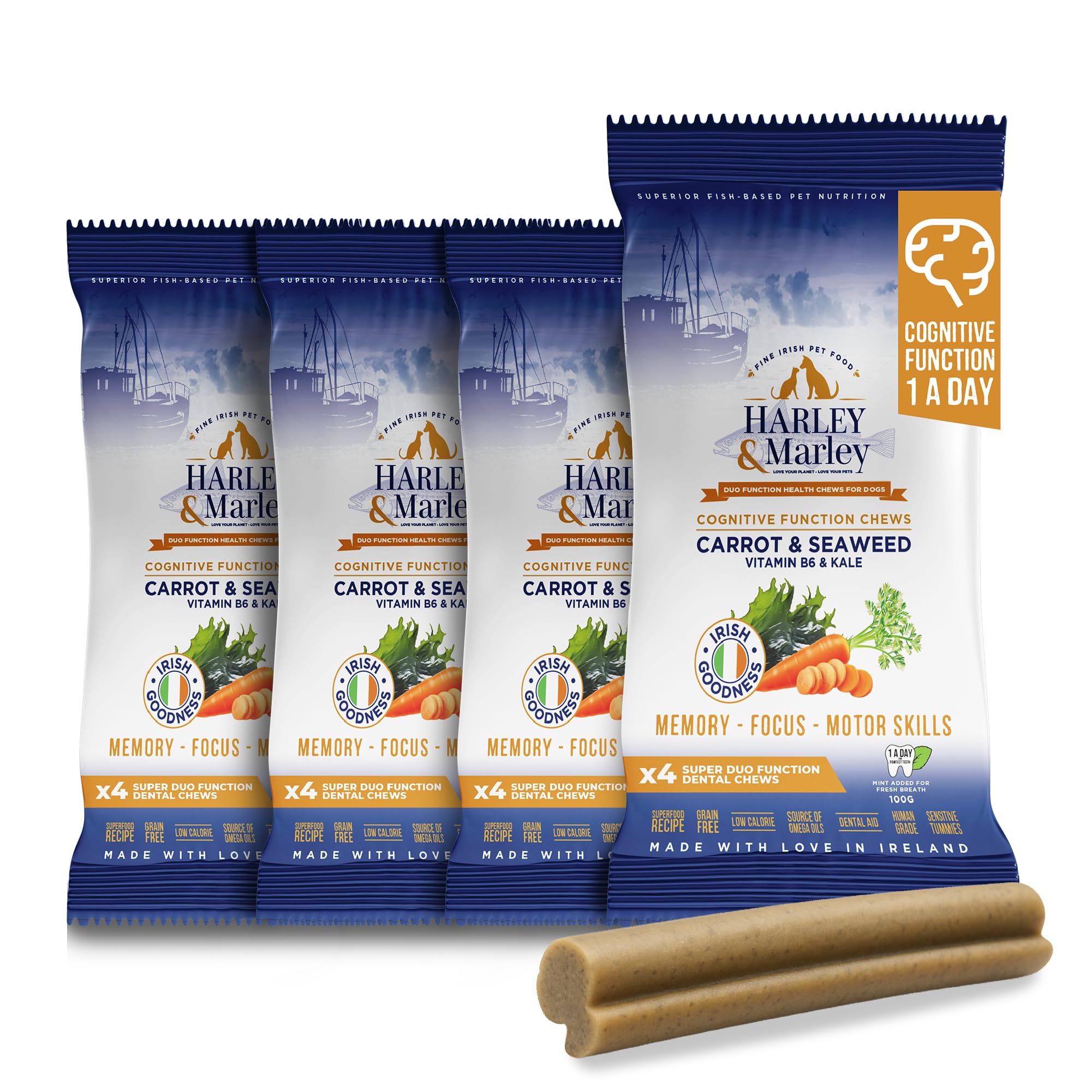 Harley & Marley Cognitive Duo Function Health Chews for Dogs - Brain Support with Carrot, Seaweed, Vitamin B6 & Kale - Supports Cognitive Function, Healthy Teeth & Gums - 4pk (4/pk)