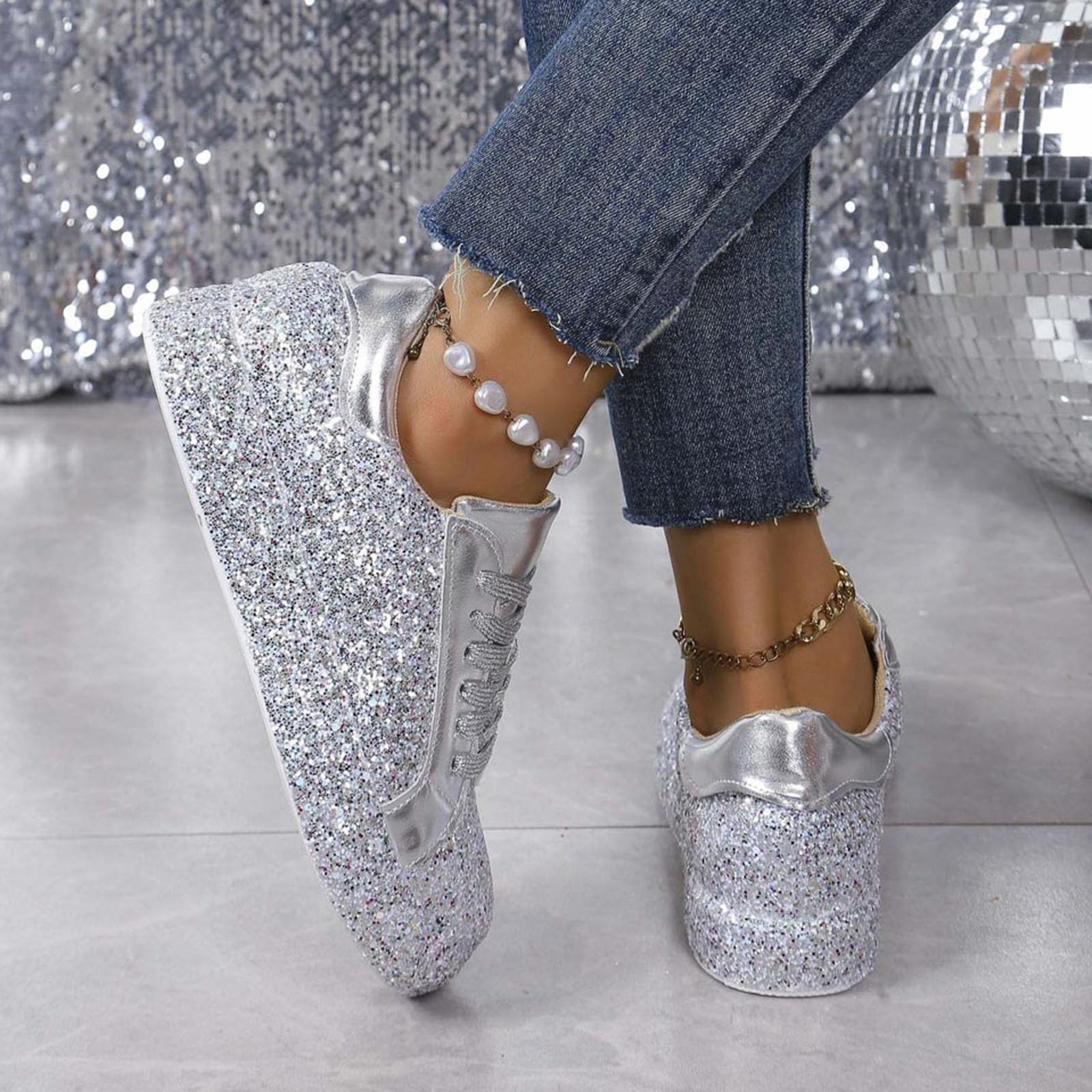 Glitzer Sneaker Damen Silber Pailletten Halbhoch Damenboots Party Factory Schuhe Für Und Herren Designer Turnschuhe Karneval Plateau Funkelnde Bling Shiny Dressy Bedazzled Hochzeits Walking