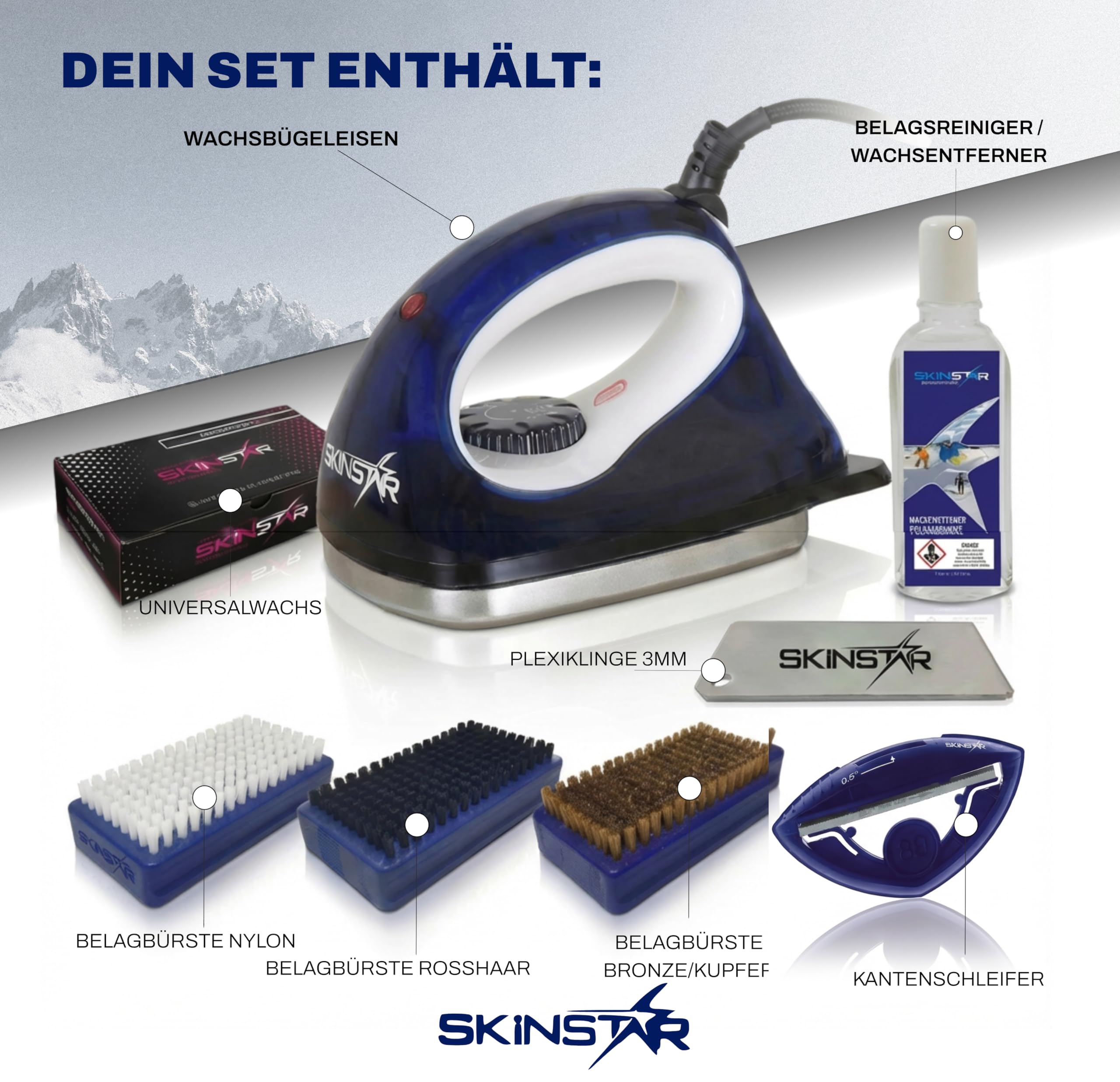 SkinStar Starter Set di 8 pezzi – Cera da sci universale senza fluoro- e PFAS con ferro da stiro a cera, spazzole e levigatrice per bordi Combo Sharp – per sci e snowboard