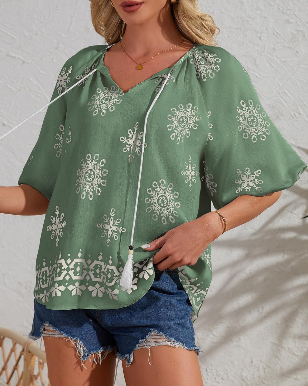Summer Boho Tops for Women Casual V Neck Women Blouses Tunic Floral Print Beach Vacation Shirts - Image 3