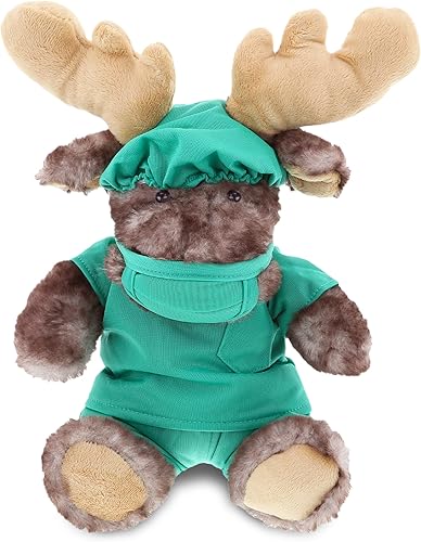 DolliBu Juguete de peluche de doctor de alce sentado marrón Suave vestido de animal de peluche con bonito uniforme y gorro 10 pulgadas