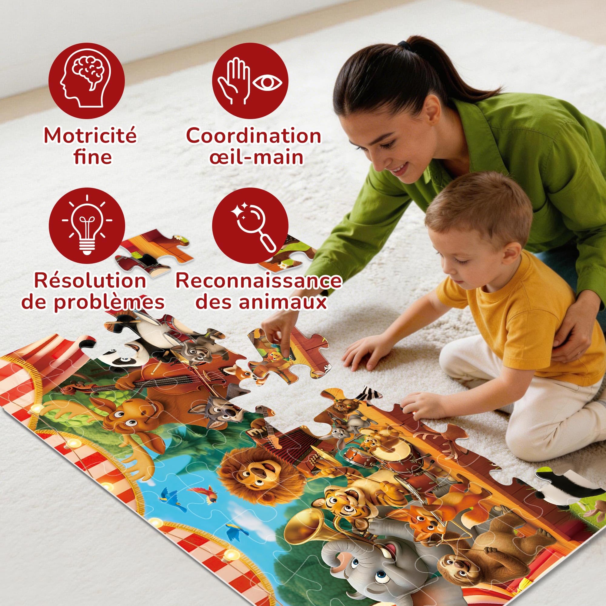 BenBen Grand puzzle de sol à partir de 3 4 ans, puzzle XXL pour enfants de 48 pièces, 90 x 60 cm, cadeau pour garçons et filles, concerts d'animaux