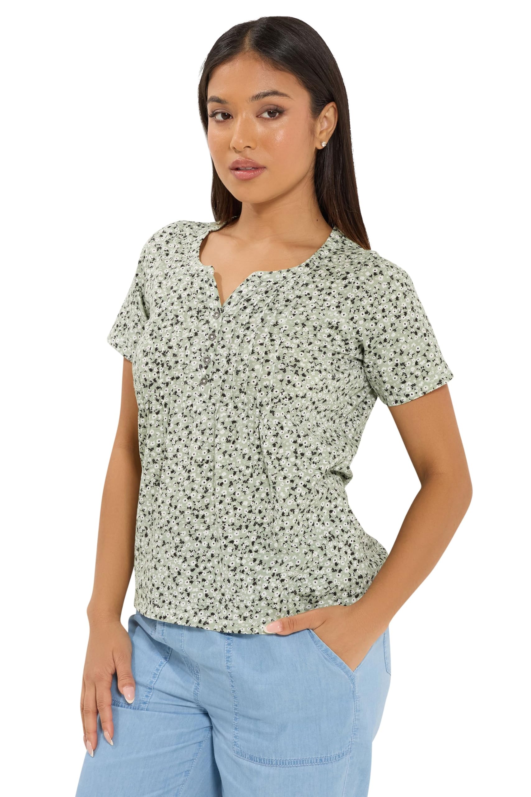 M&Co Women's Light Green Petite Sage Green Floral Short Sleeve Cotton Henley Top